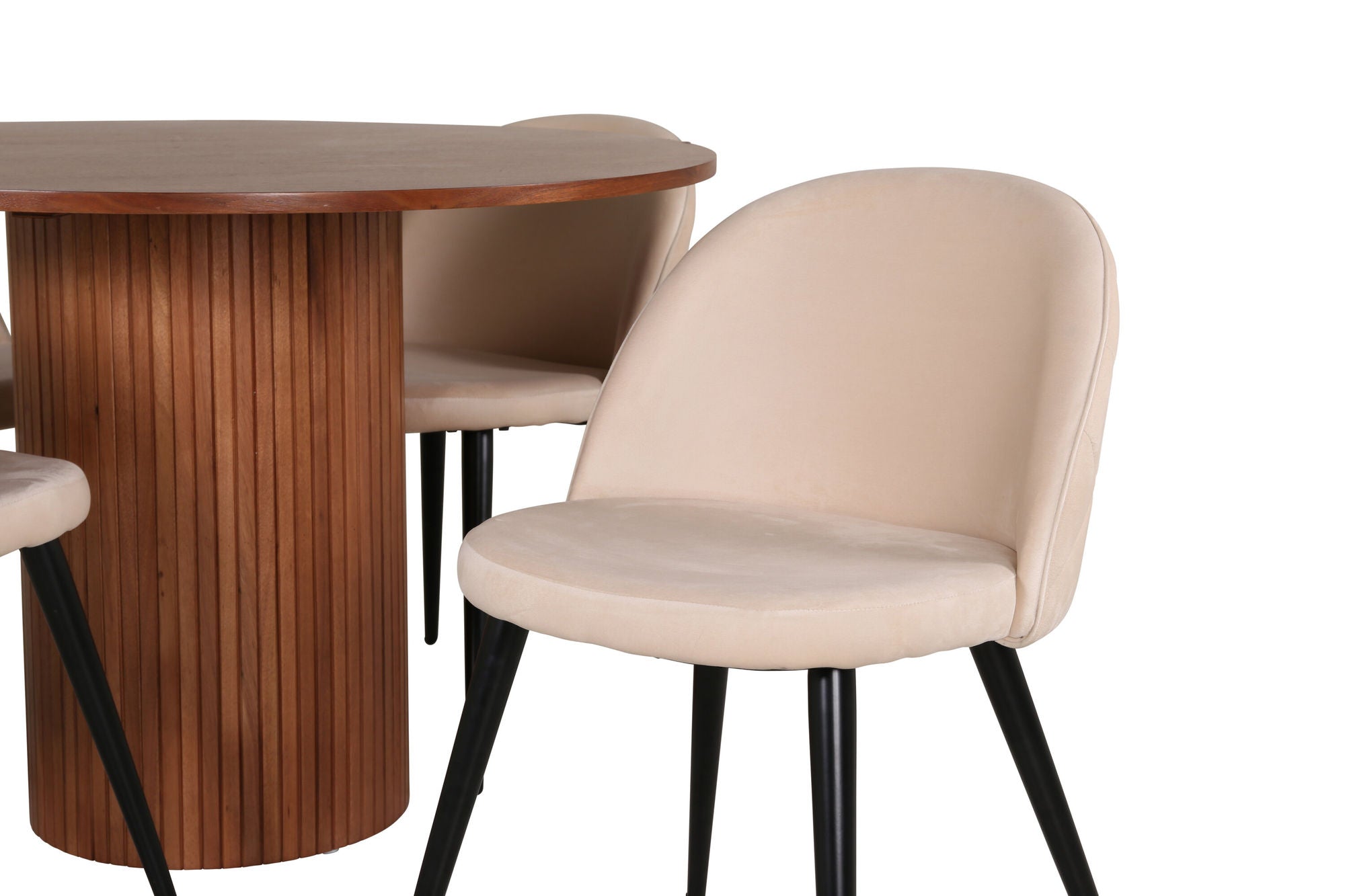 Venture Home Bianca rund spisebord - Walnut / Black Veneer+Velvet Stitches stol - Black / Beige Velvet_4