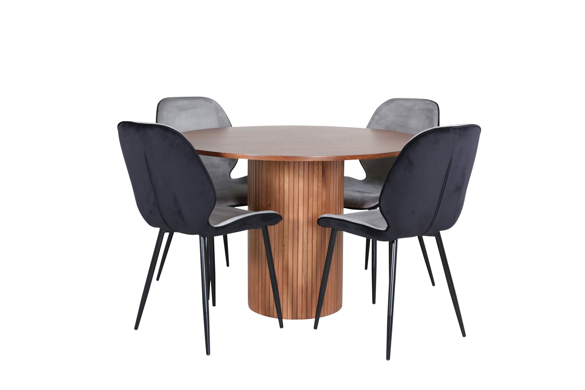 Venture Home Bianca rund spisebord - Walnut / Black Veneer+Emma stol - Black / Black and Light Grey Black Velvet in Back Grey Velvet in front_4
