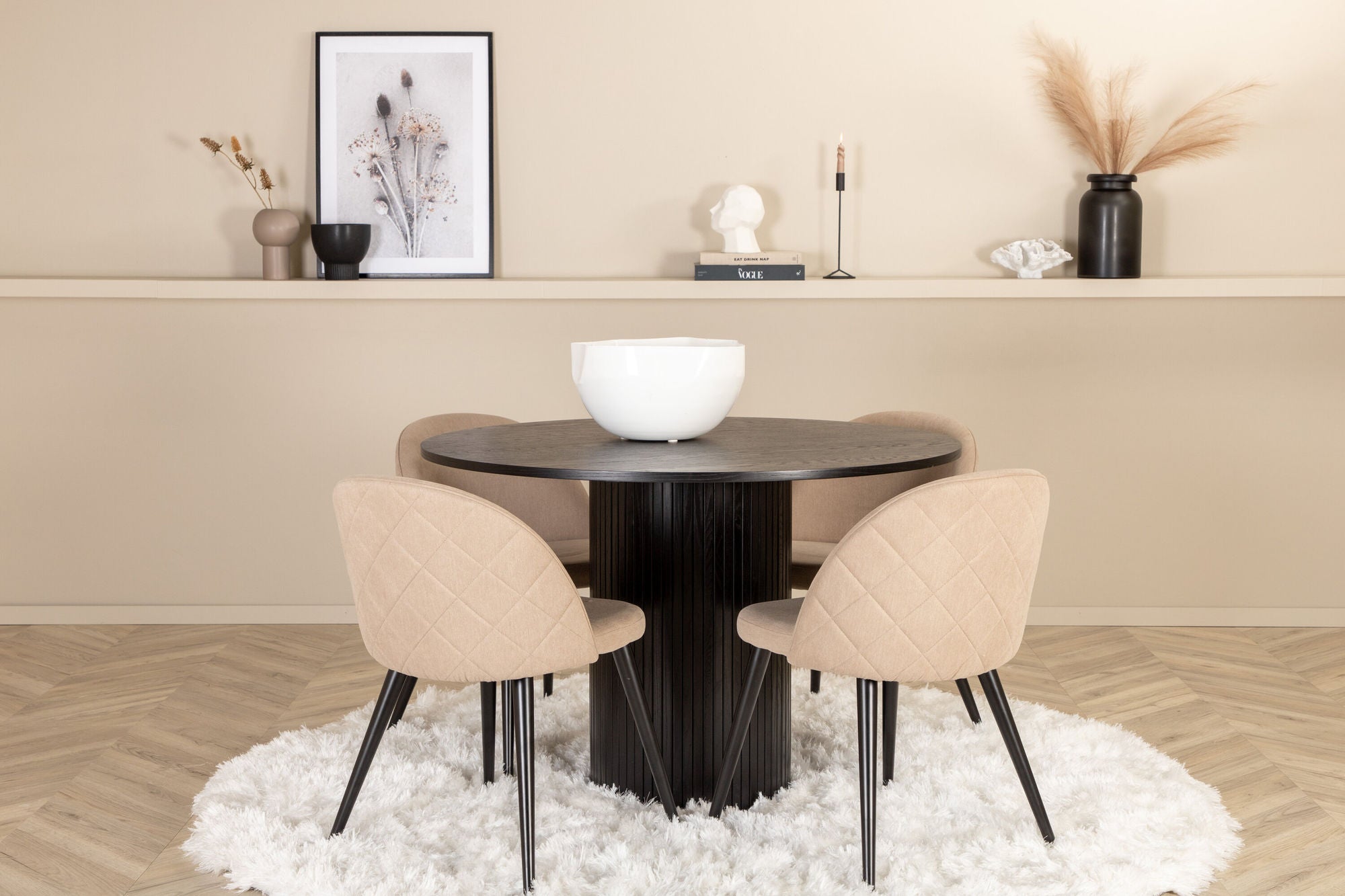 Venture Home Bianca rund spisebord - Black / Black Veneer+Velvet Stitches stol - Black / Beige Fabric (Polyester linen )_4