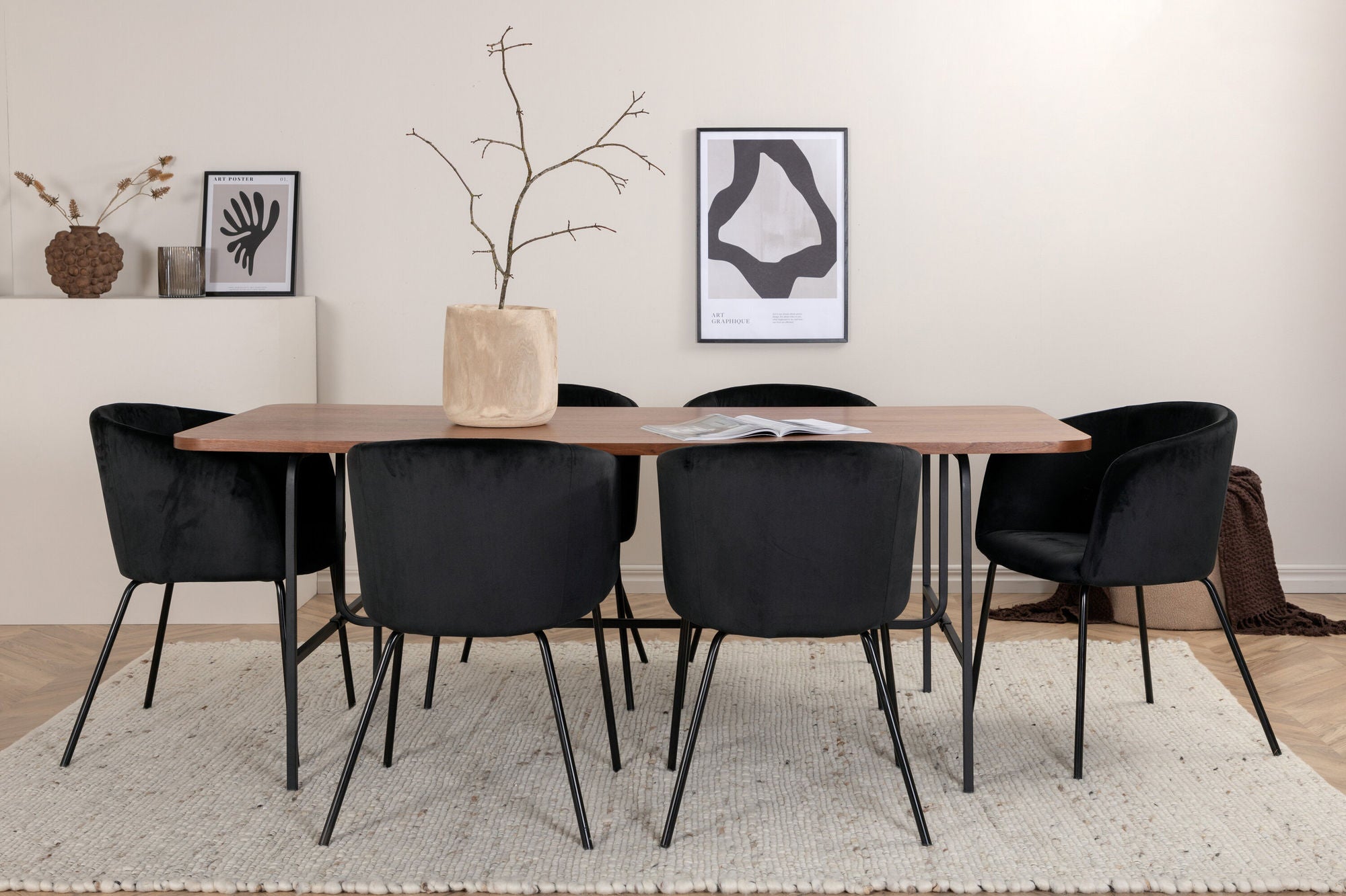 Venture Home Uno spisebord - Black / Walnut Veneer+Berit stol - Black / Black Velvet_6
