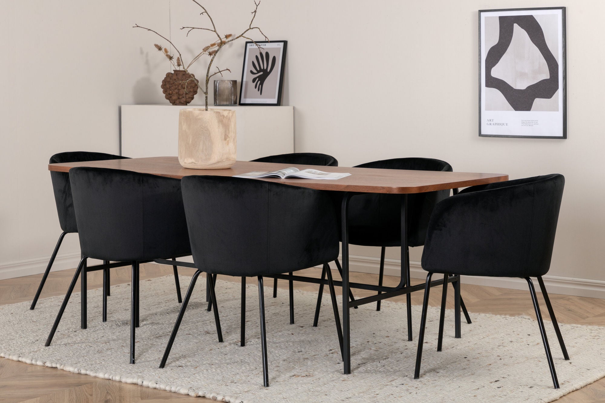 Venture Home Uno spisebord - Black / Walnut Veneer+Berit stol - Black / Black Velvet_6