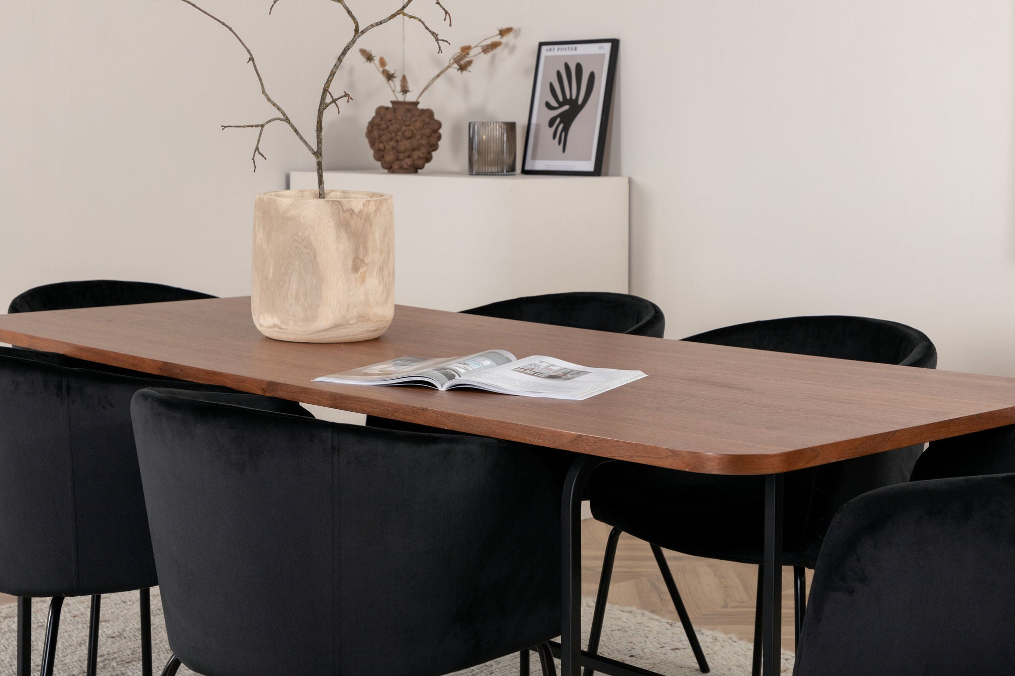 Venture Home Uno spisebord - Black / Walnut Veneer+Berit stol - Black / Black Velvet_6