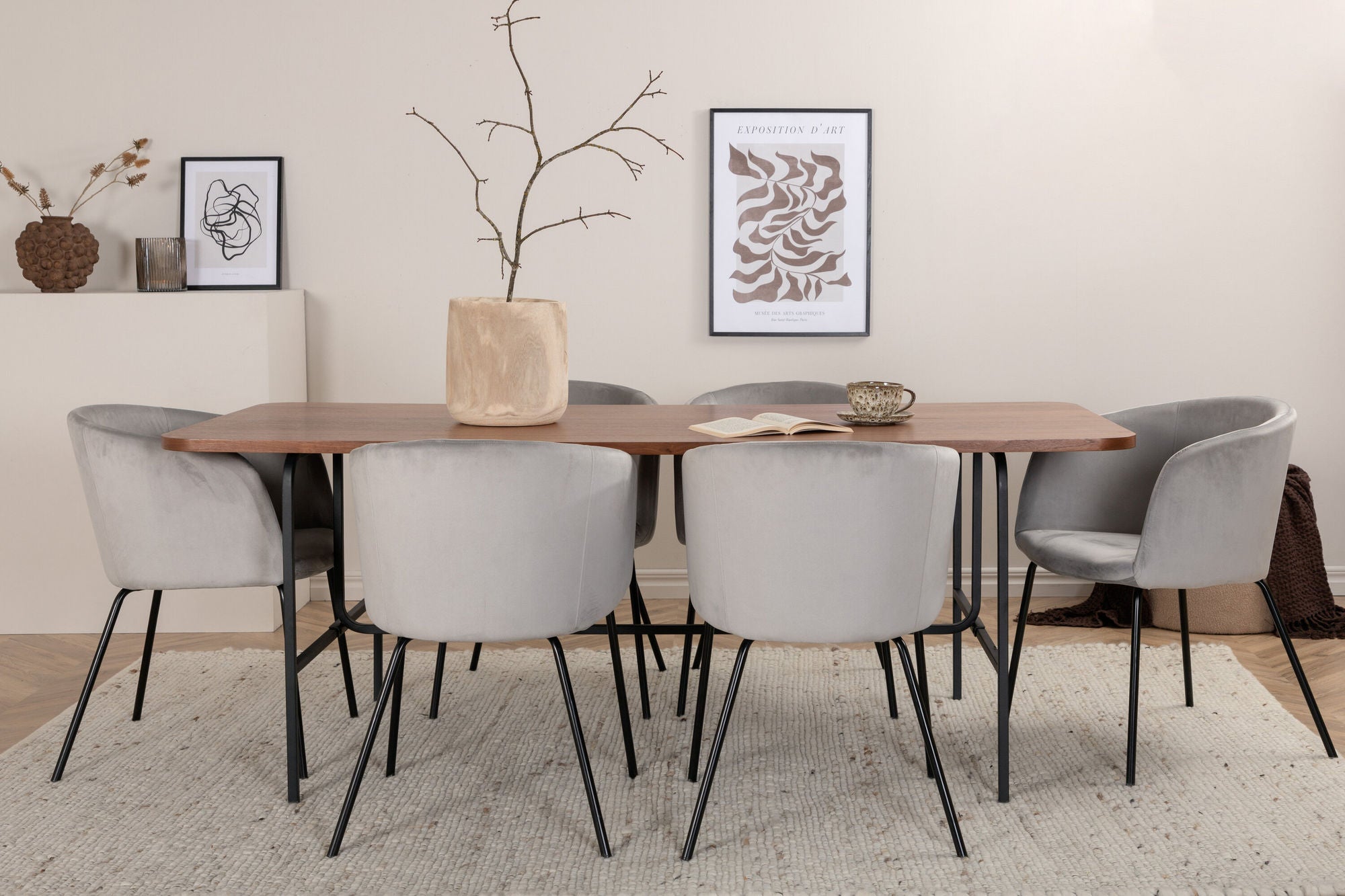 Venture Home Uno spisebord - Black / Walnut Veneer+Berit stol - Black / Light Grey Velvet_6