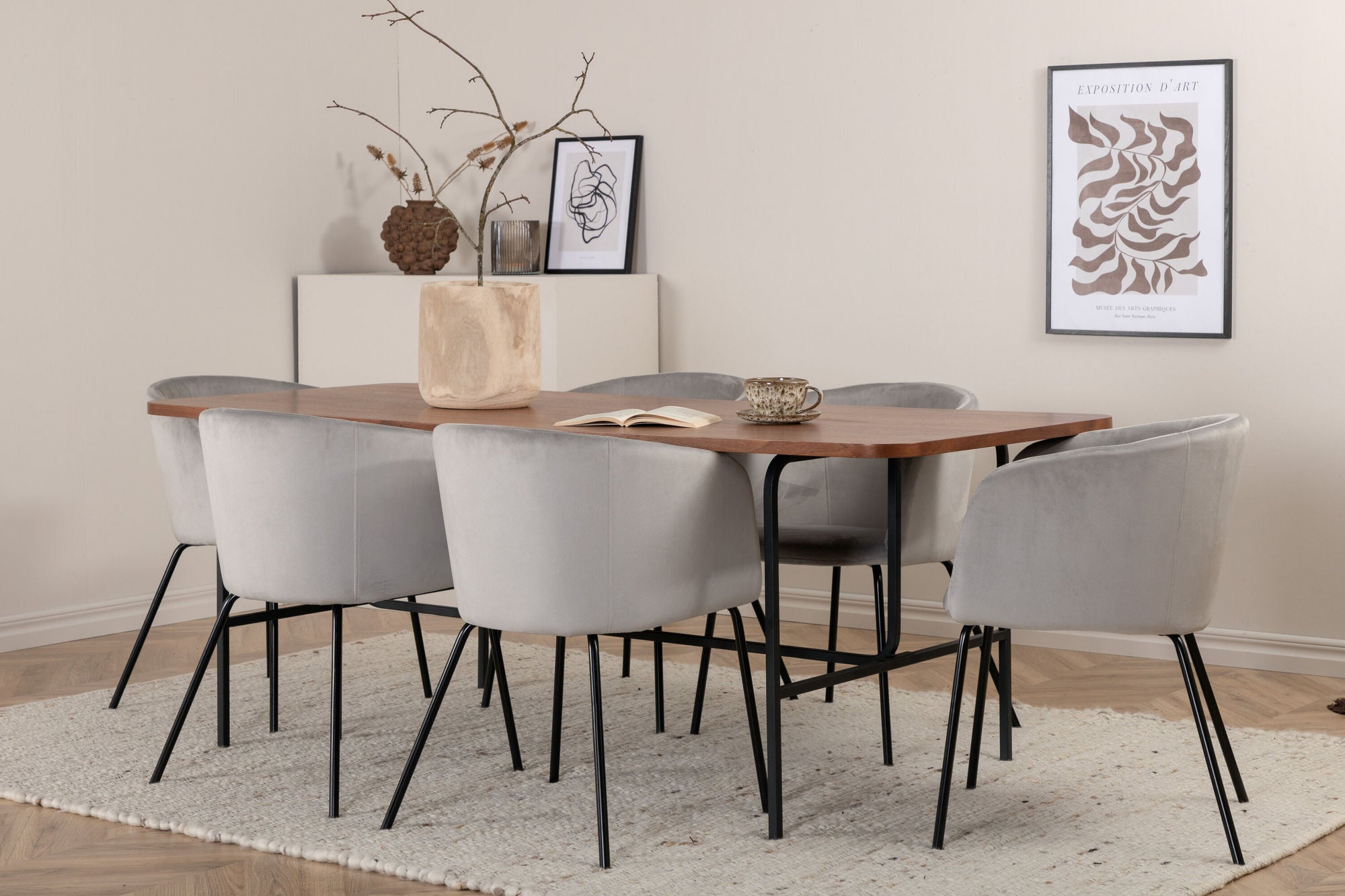 Venture Home Uno spisebord - Black / Walnut Veneer+Berit stol - Black / Light Grey Velvet_6