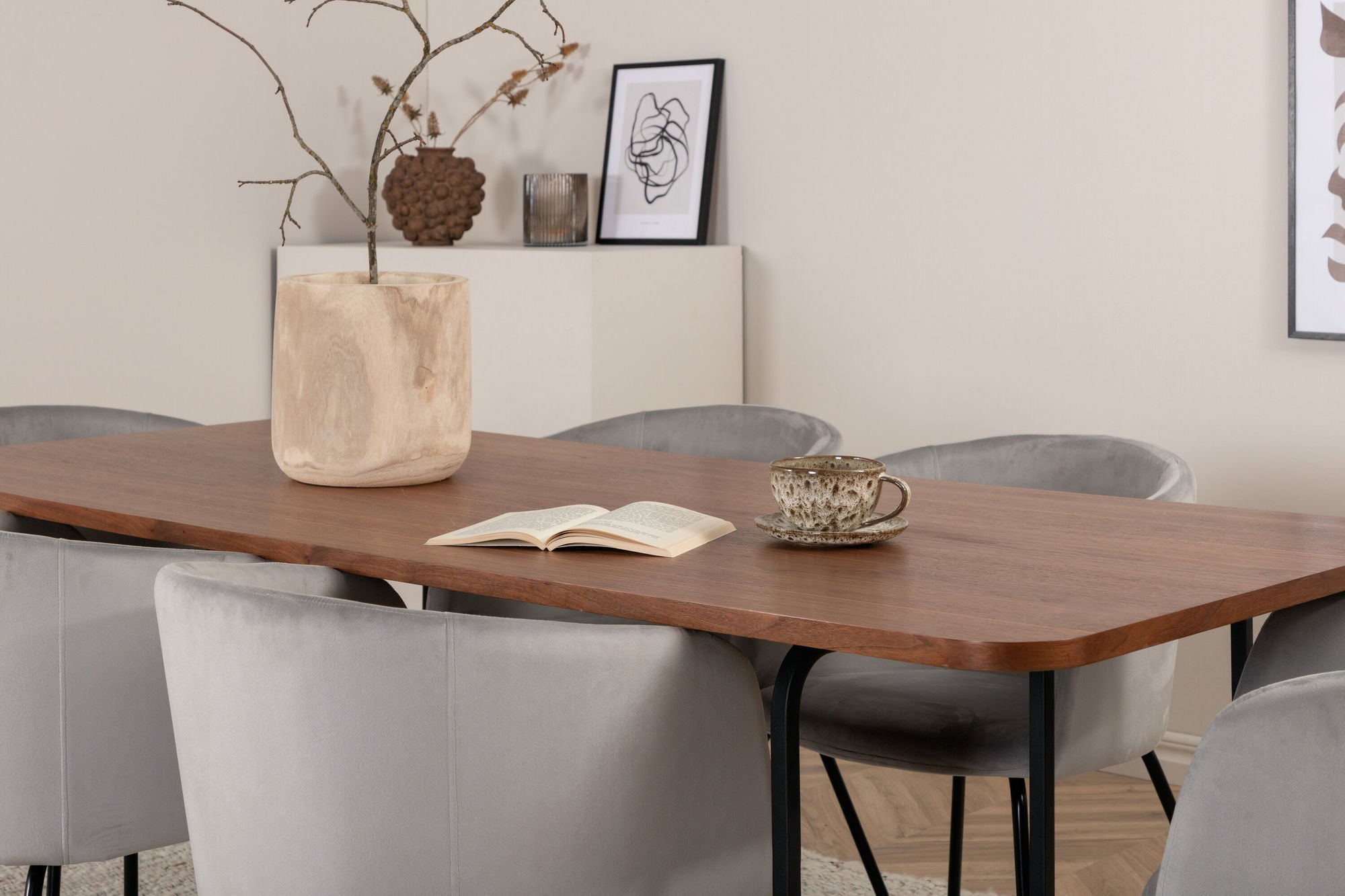Venture Home Uno spisebord - Black / Walnut Veneer+Berit stol - Black / Light Grey Velvet_6