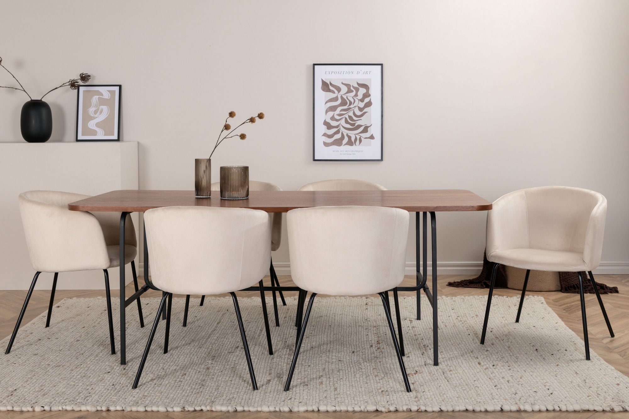 Venture Home Uno spisebord - Black / Walnut Veneer+Berit stol - Black / Beige Velvet_6