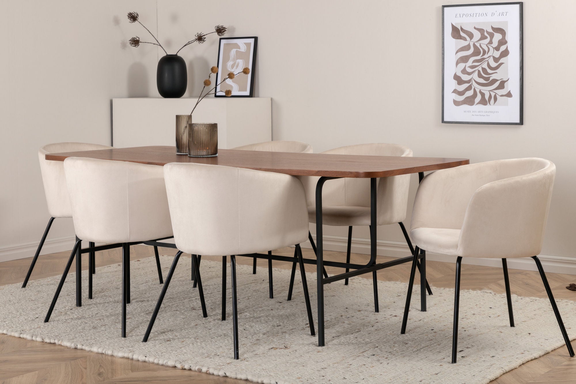 Venture Home Uno spisebord - Black / Walnut Veneer+Berit stol - Black / Beige Velvet_6