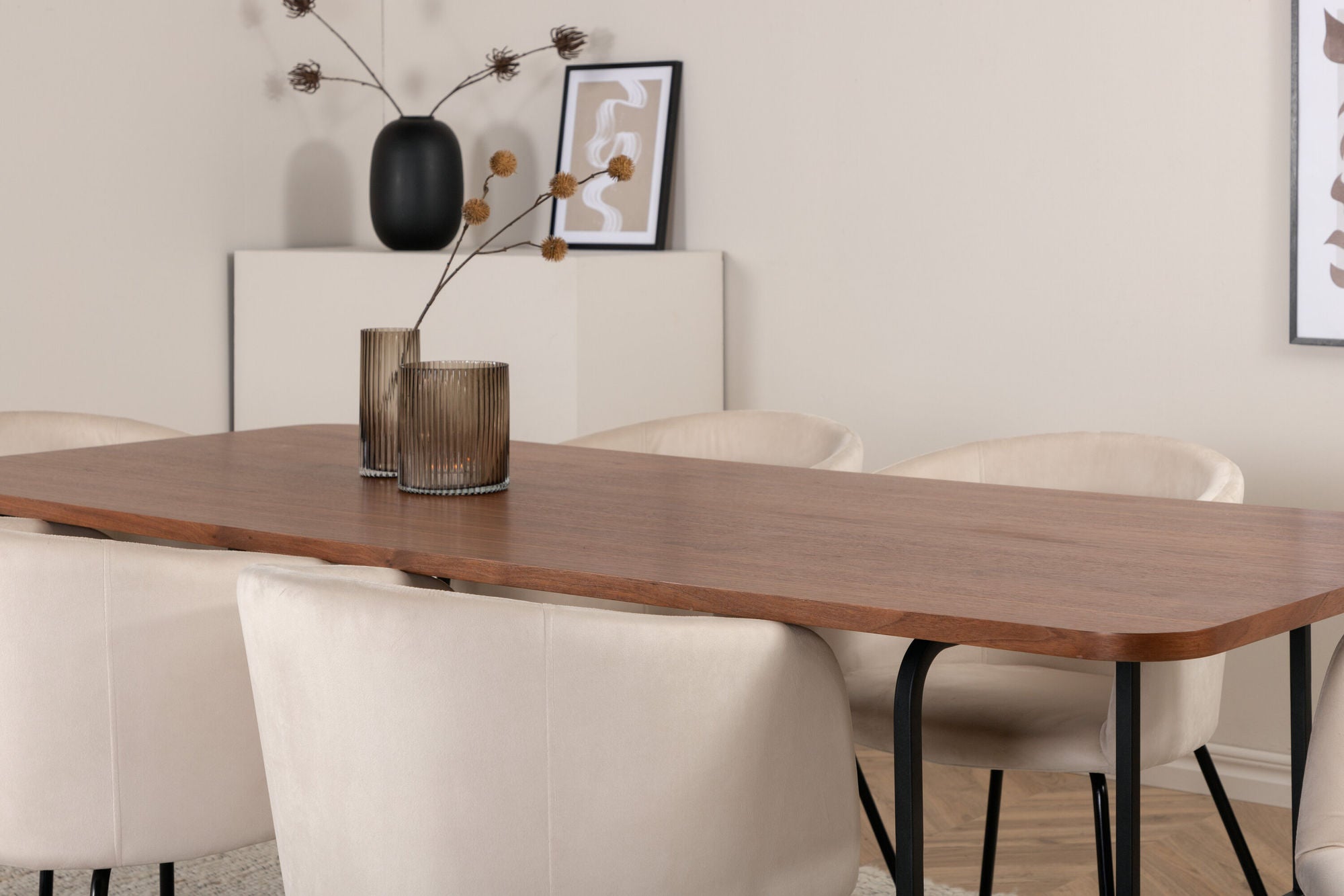 Venture Home Uno spisebord - Black / Walnut Veneer+Berit stol - Black / Beige Velvet_6