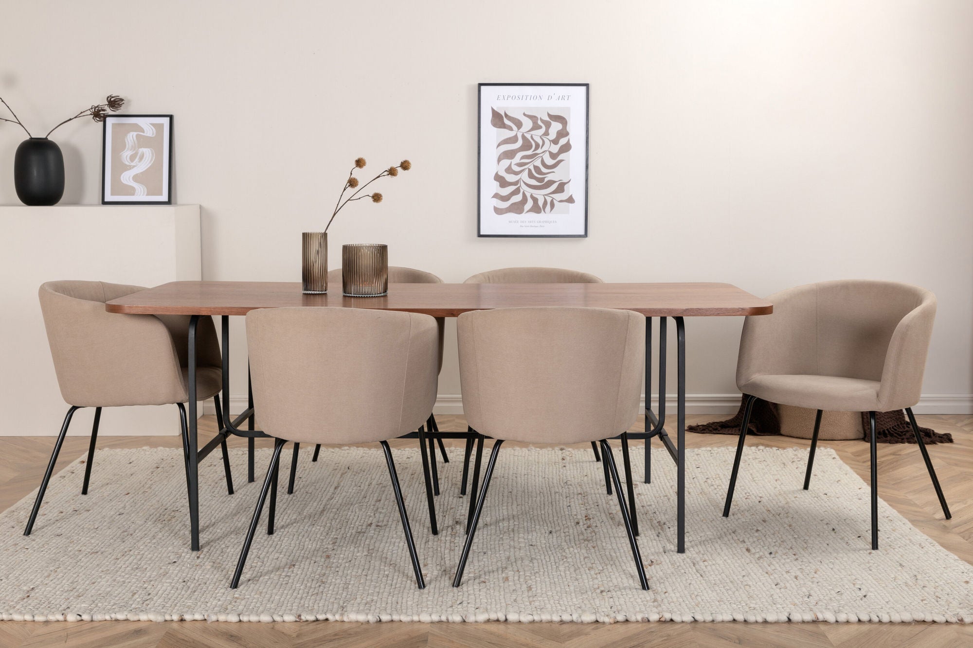 Venture Home Uno spisebord - Black / Walnut Veneer+Berit stol - Black / Beige Fabric (Polyester linen )_6