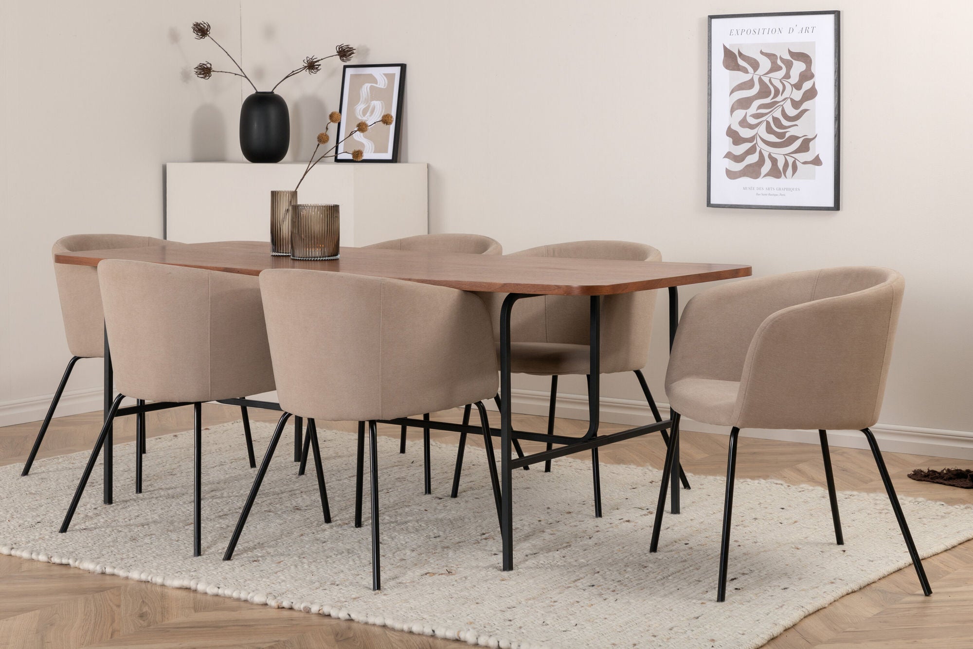 Venture Home Uno spisebord - Black / Walnut Veneer+Berit stol - Black / Beige Fabric (Polyester linen )_6