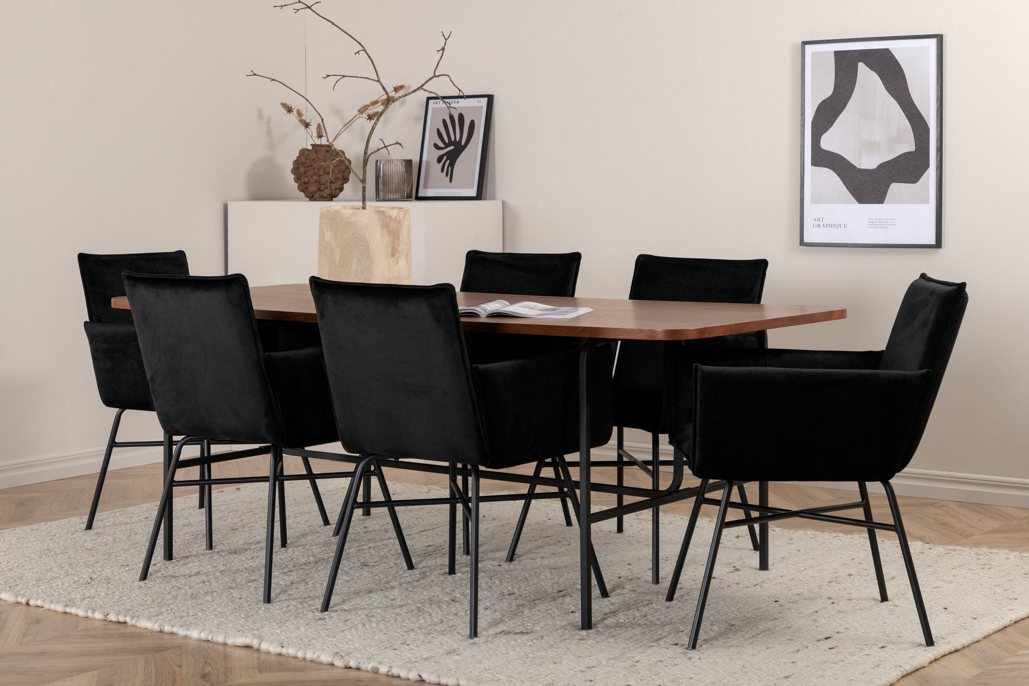 Venture Home Uno spisebord - Black / Walnut Veneer+Petra stol - Black / Black Velvet_6