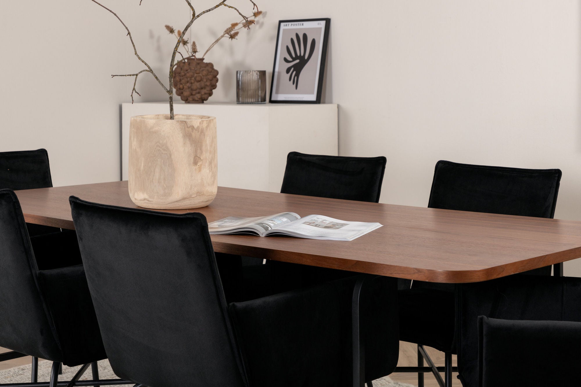 Venture Home Uno spisebord - Black / Walnut Veneer+Petra stol - Black / Black Velvet_6