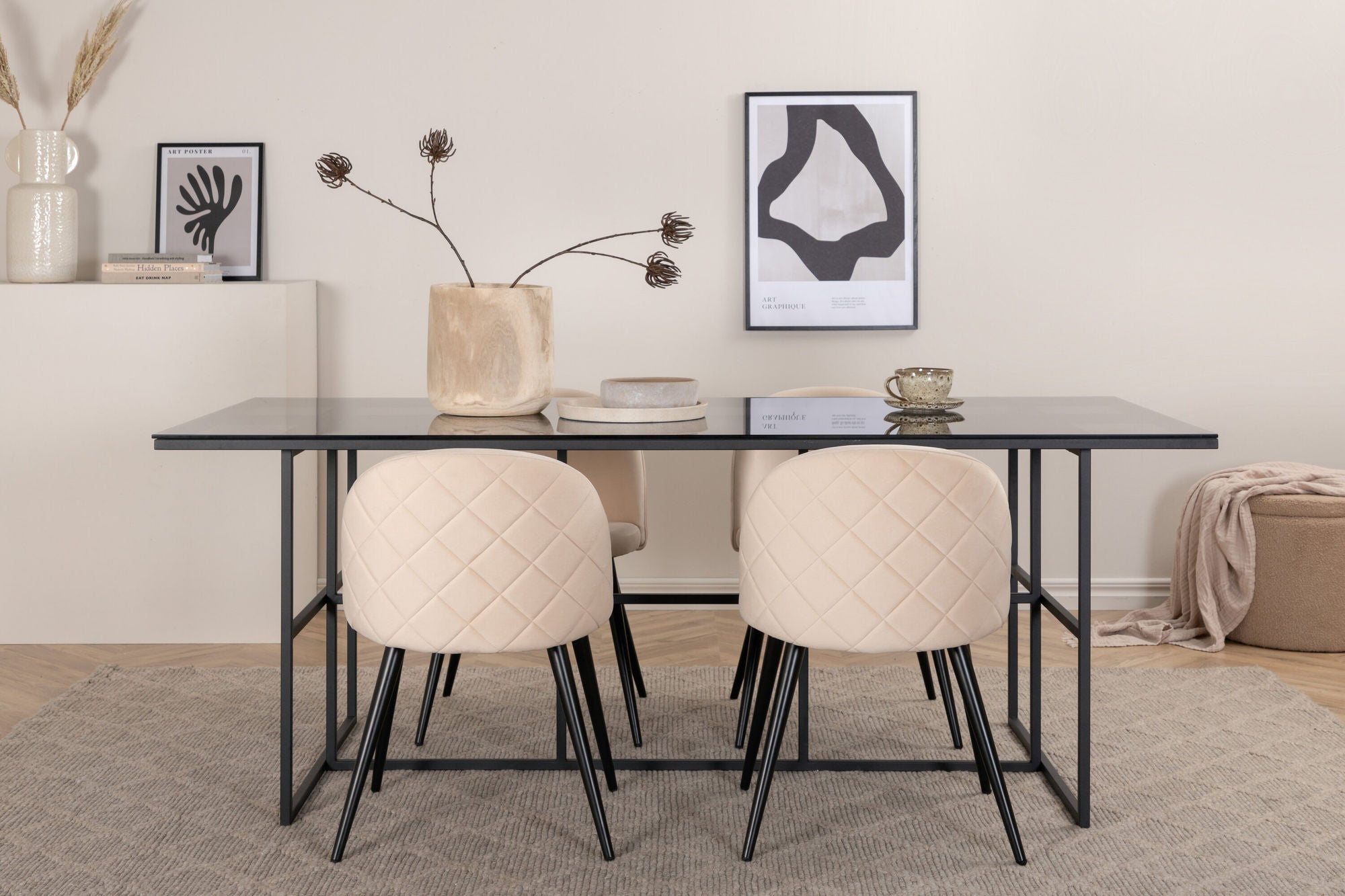 Venture Home Leif spisebord - Black / Black smoked smoked Glass+Velvet Stitches stol - Black / Beige Velvet_4