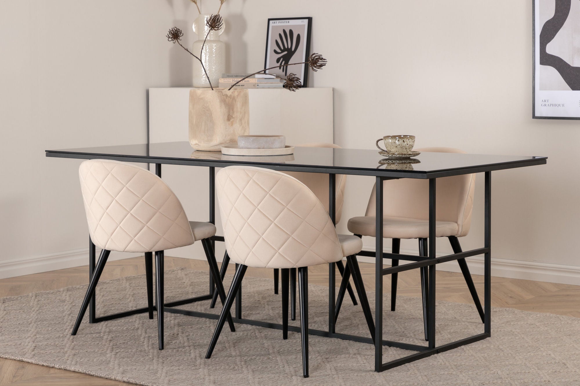 Venture Home Leif spisebord - Black / Black smoked smoked Glass+Velvet Stitches stol - Black / Beige Velvet_4