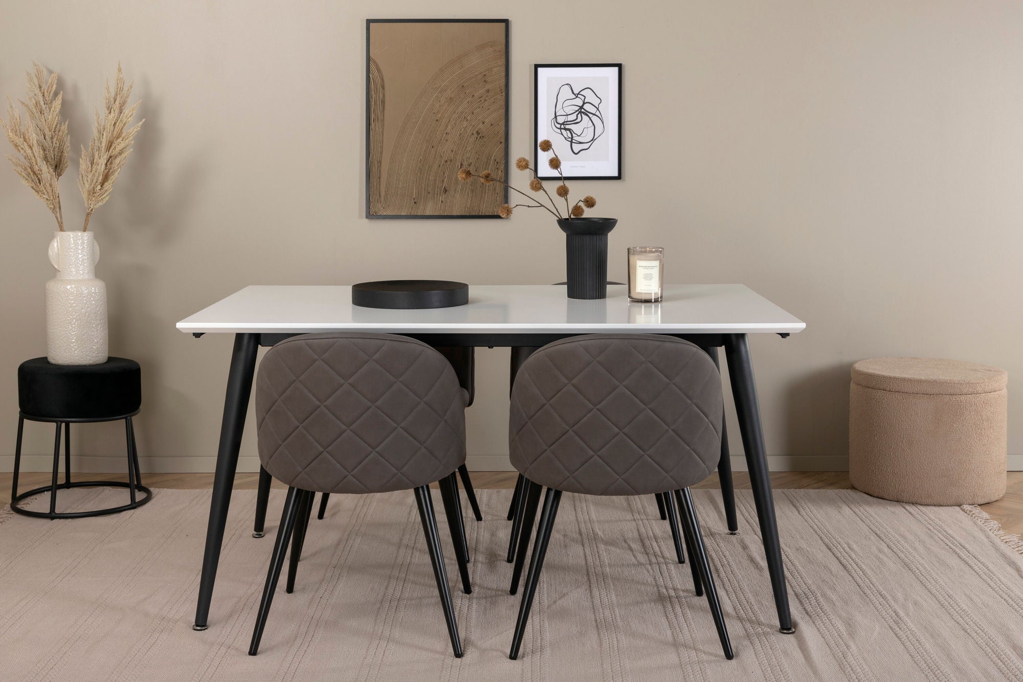Venture Home Jimmy spisebord - Black / White HPL+Velvet Stitches stol - Black / Grey Micro Fibre_4