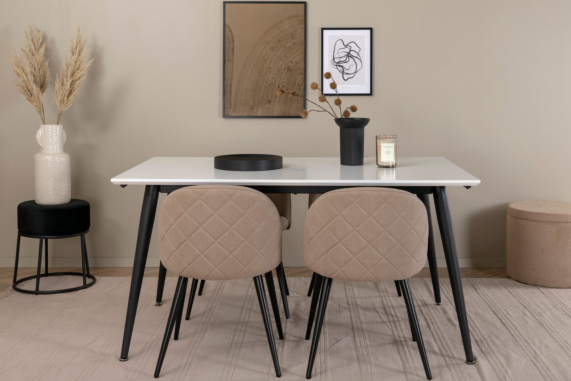 Venture Home Jimmy spisebord - Black / White HPL+Velvet Stitches stol - Black / Beige Fabric (Polyester linen )_4