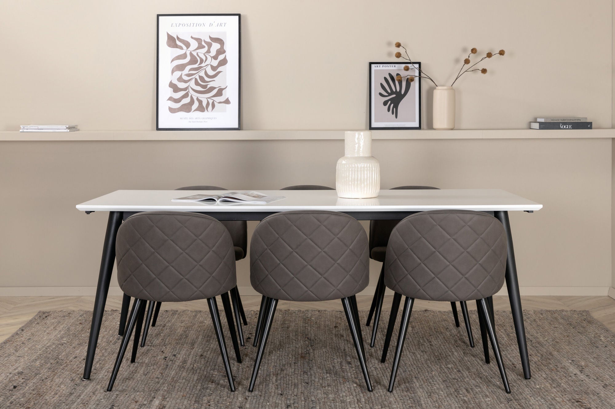 Venture Home Jimmy spisebord - Black / White HPL+Velvet Stitches stol - Black / Grey Micro Fibre_6