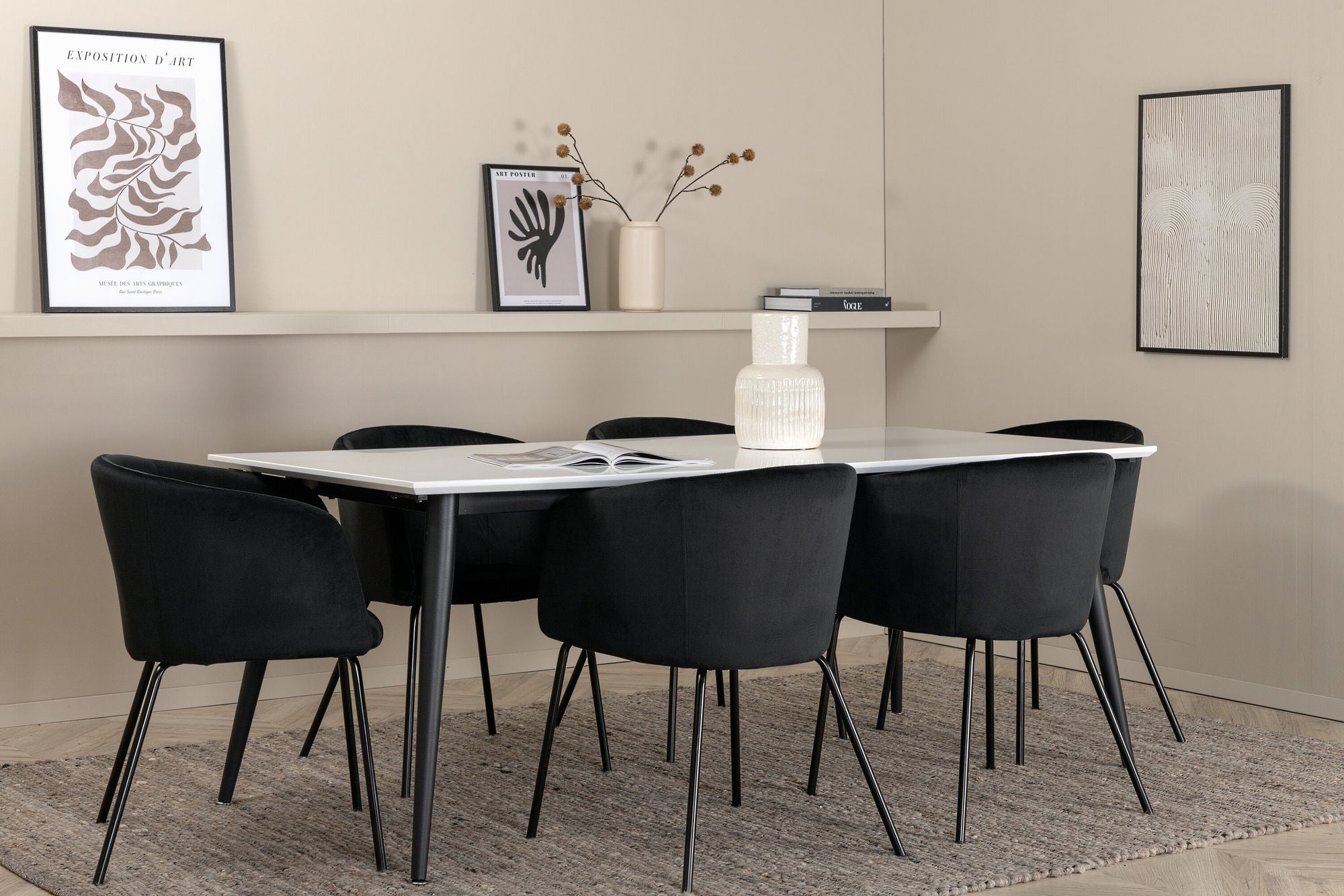 Venture Home Jimmy spisebord - Black / White HPL+Berit stol - Black / Black Velvet_6