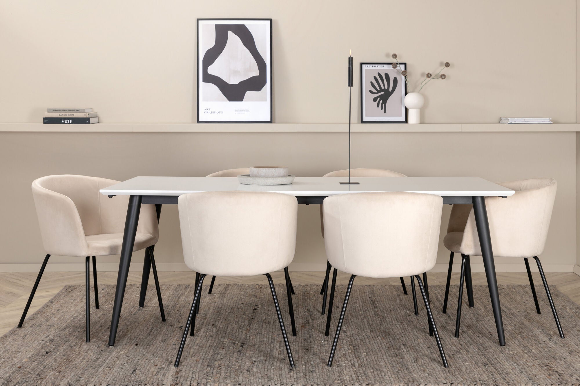 Venture Home Jimmy spisebord - Black / White HPL+Berit stol - Black / Beige Velvet_6