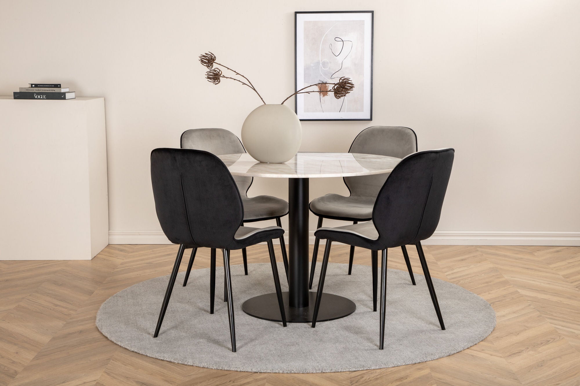 Venture Home Estelle rund spisebord ø106 H75 - White / Black+Emma stol - Black / Black and Light Grey Black Velvet in Back Grey Velvet in front_4