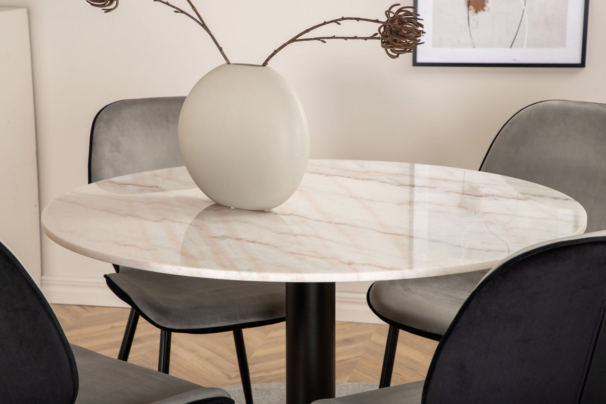 Venture Home Estelle rund spisebord ø106 H75 - White / Black+Emma stol - Black / Black and Light Grey Black Velvet in Back Grey Velvet in front_4