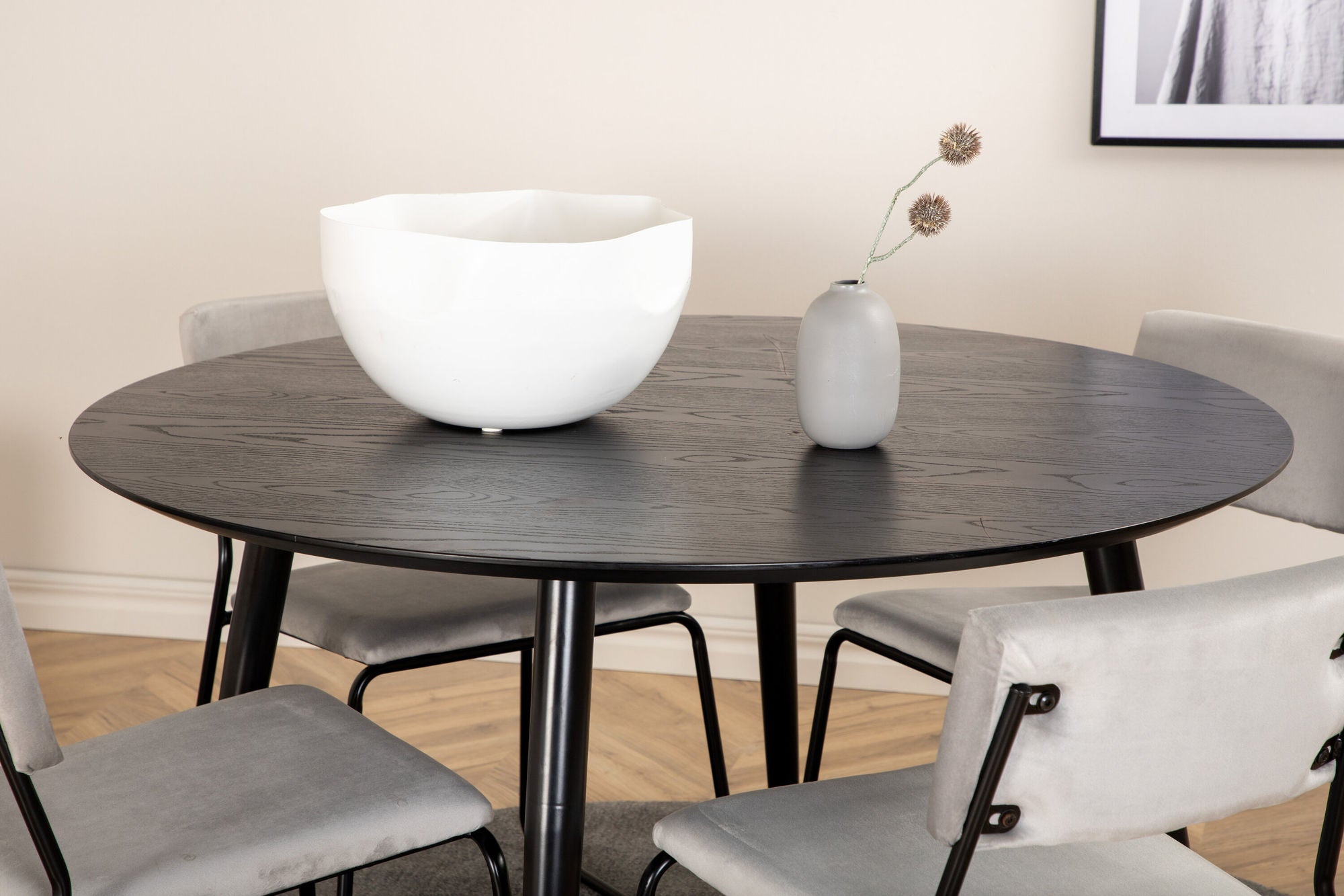 Venture Home Dipp spisebord - 115cm - Black Veneer / All black legs +Kenth stol - Black / Light Grey Velvet_4