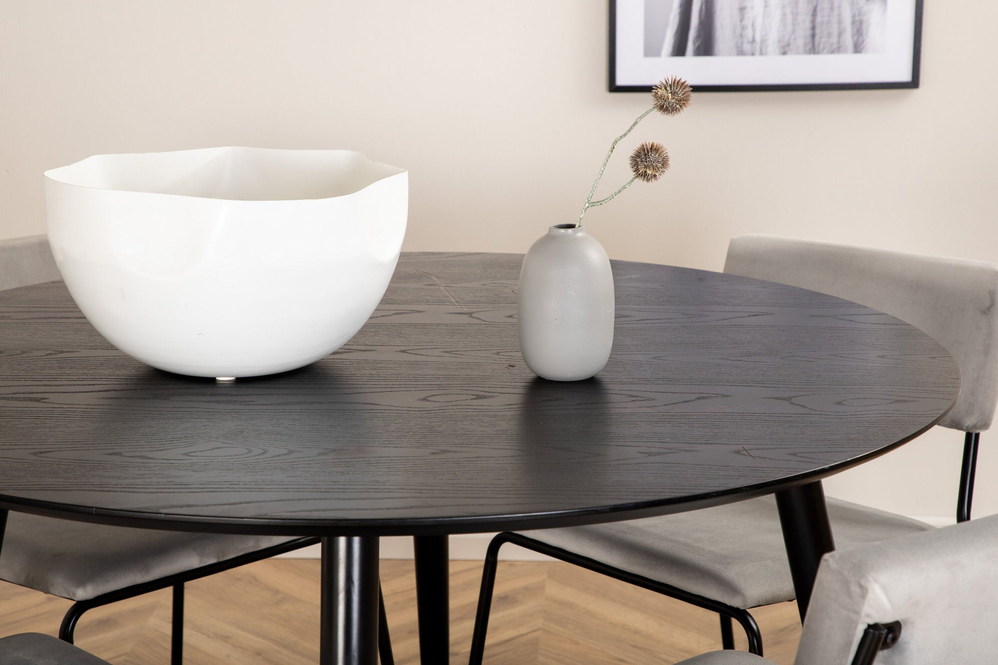 Venture Home Dipp spisebord - 115cm - Black Veneer / All black legs +Kenth stol - Black / Light Grey Velvet_4