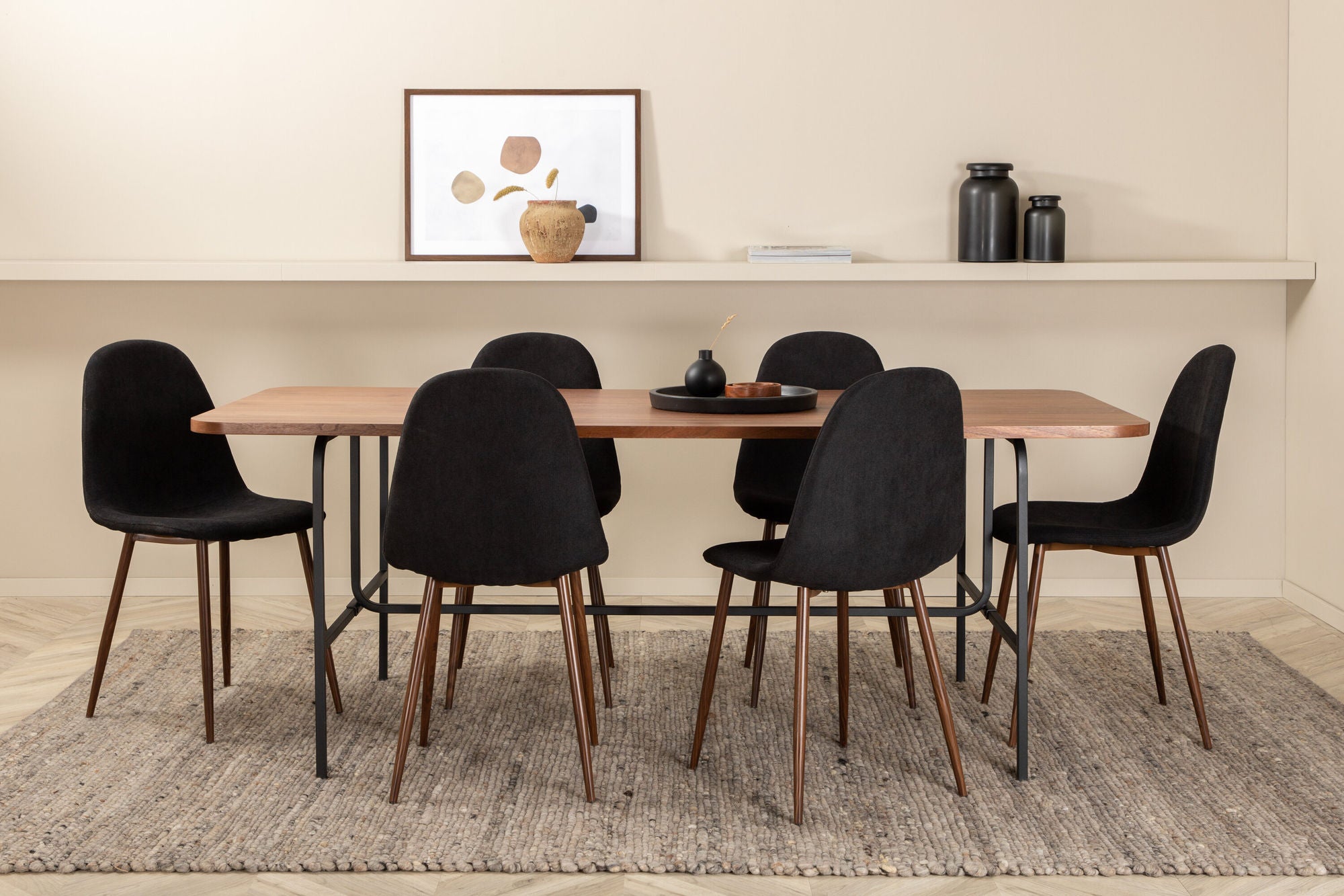 Venture Home Uno spisebord , Black Walnut Veneer+Polar Spisebordsstol , Walnut Legs , Black Fabric_6