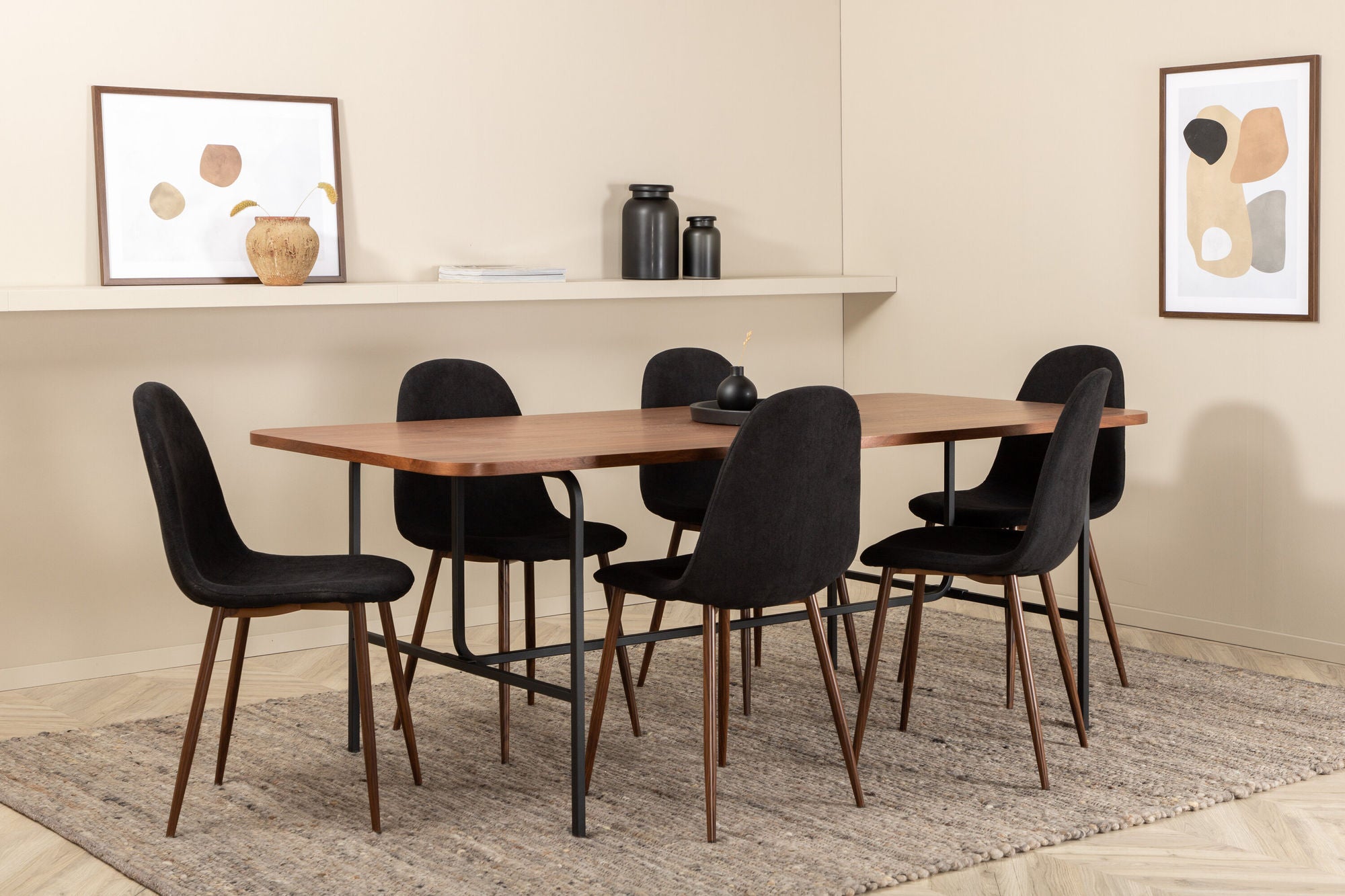 Venture Home Uno spisebord , Black Walnut Veneer+Polar Spisebordsstol , Walnut Legs , Black Fabric_6