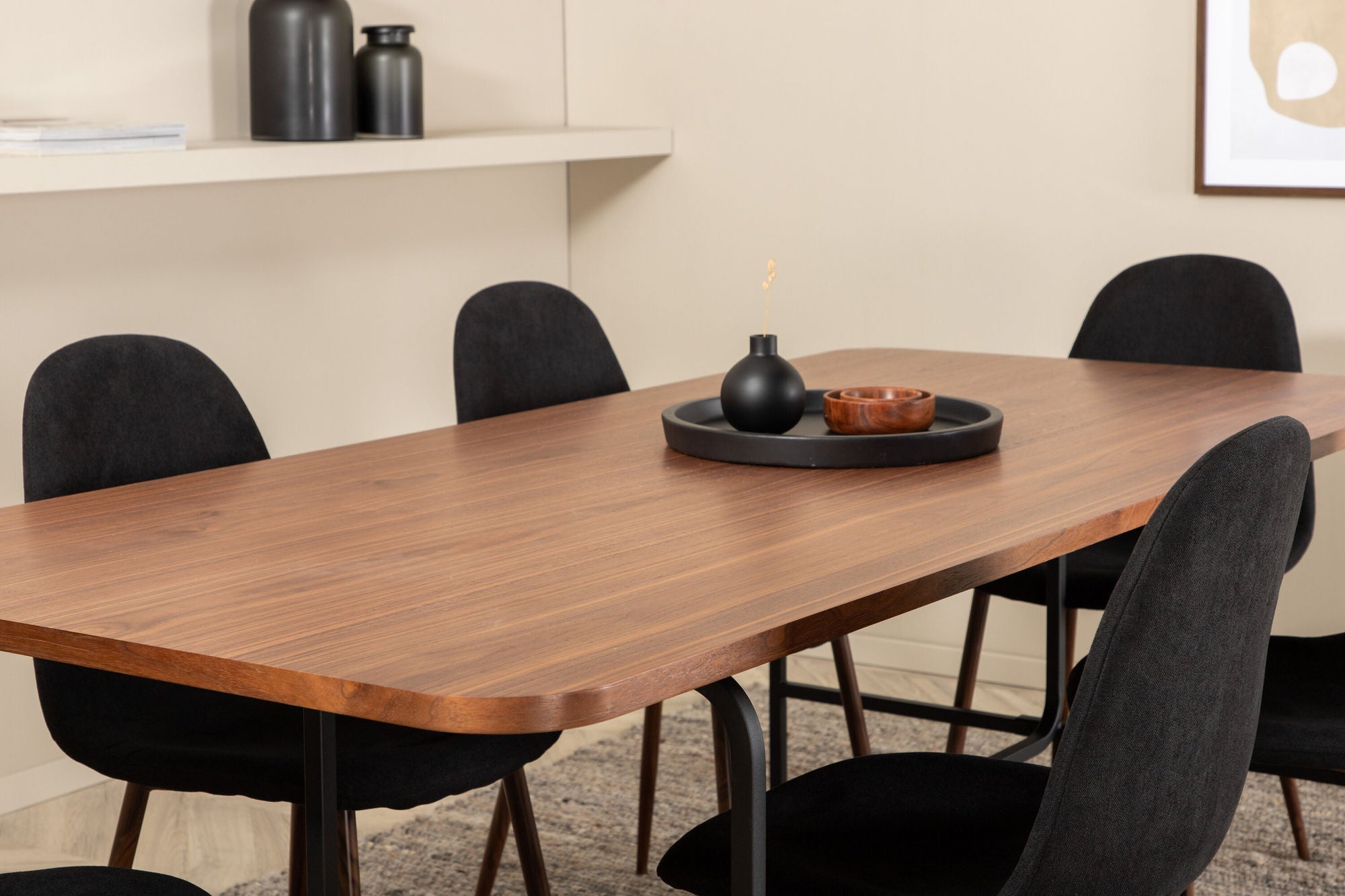 Venture Home Uno spisebord , Black Walnut Veneer+Polar Spisebordsstol , Walnut Legs , Black Fabric_6