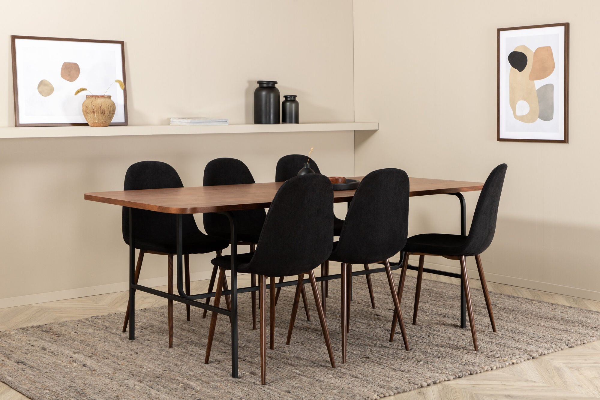 Venture Home Uno spisebord , Black Walnut Veneer+Polar Spisebordsstol , Walnut Legs , Black Fabric_6