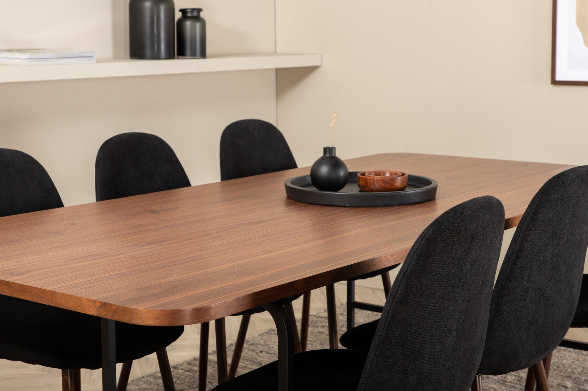 Venture Home Uno spisebord , Black Walnut Veneer+Polar Spisebordsstol , Walnut Legs , Black Fabric_6