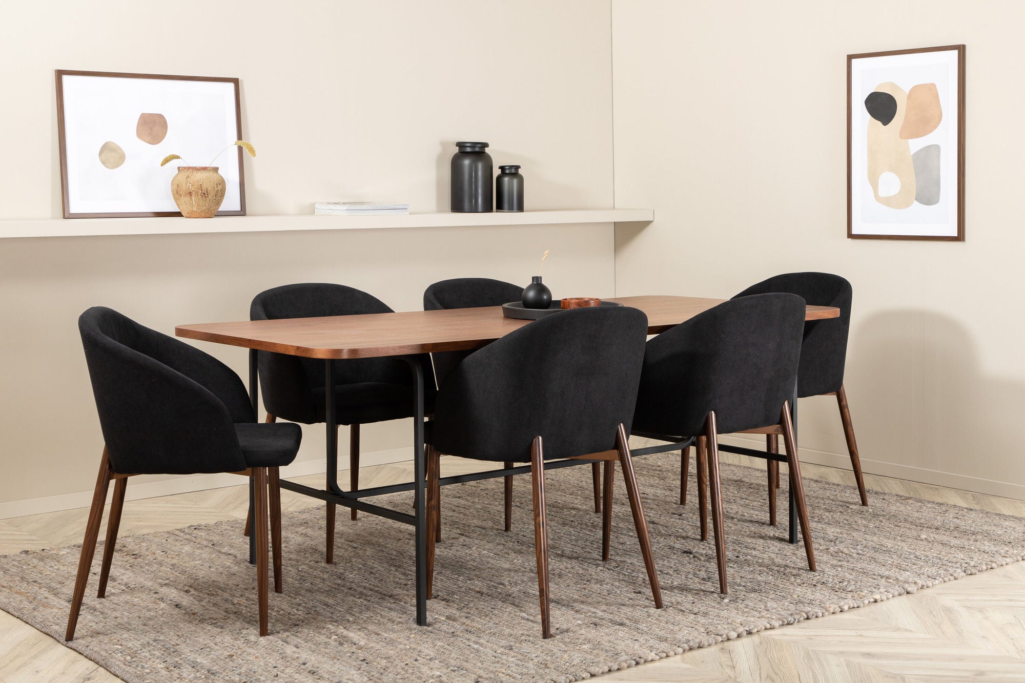 Venture Home Uno spisebord , Black Walnut Veneer+Arch Spisebordsstol , Walnut Legs , Black Fabric_6