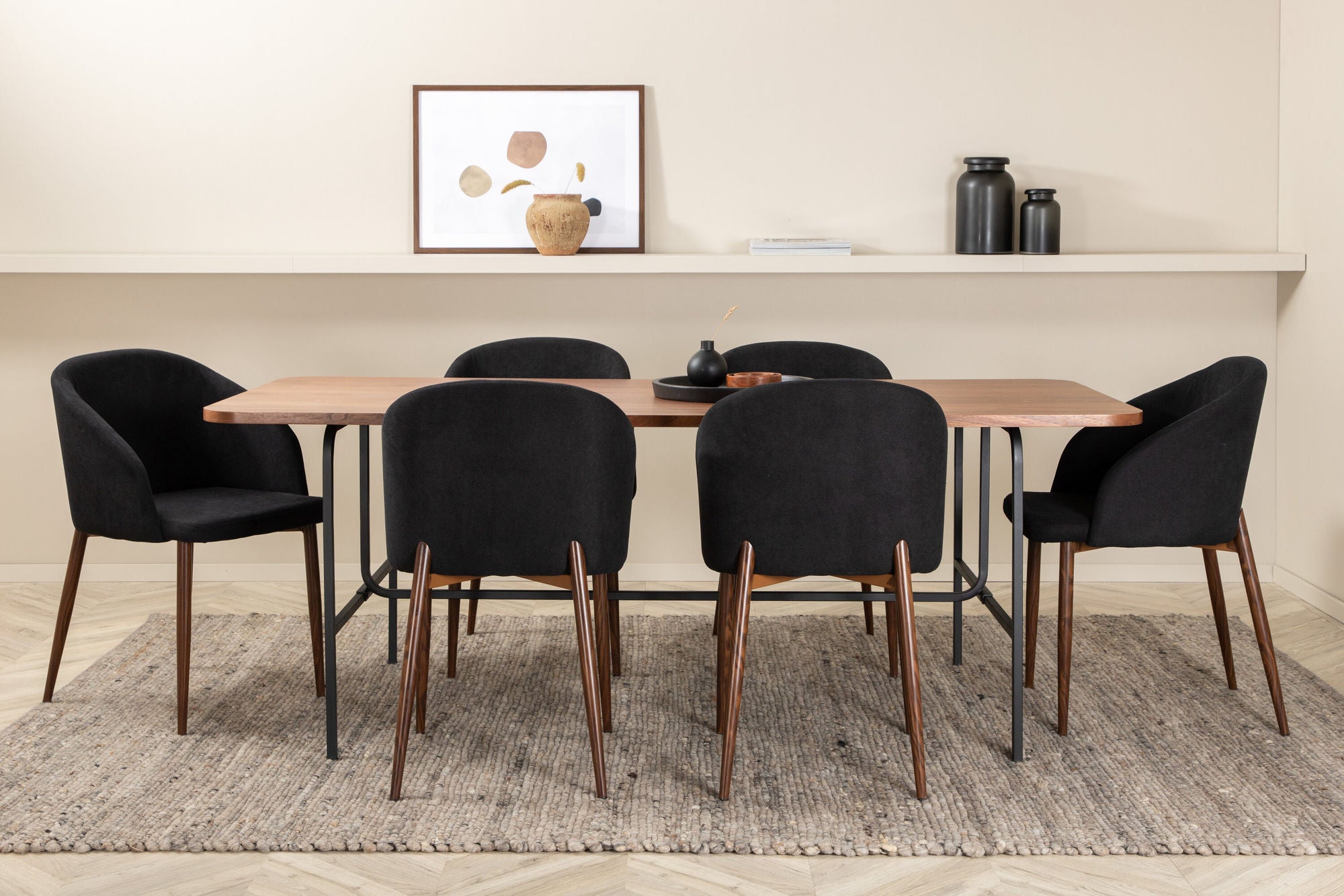 Venture Home Uno spisebord , Black Walnut Veneer+Arch Spisebordsstol , Walnut Legs , Black Fabric_6