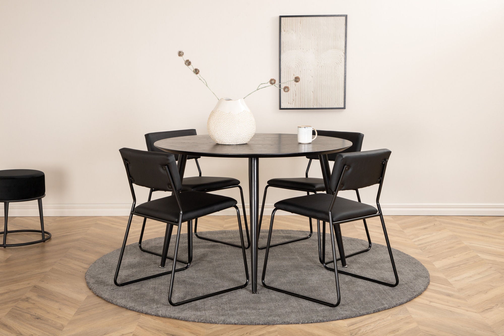 Venture Home Dipp spisebord - 115cm - Black Veneer / All black legs +Kenth stol - Black / Black PU_4