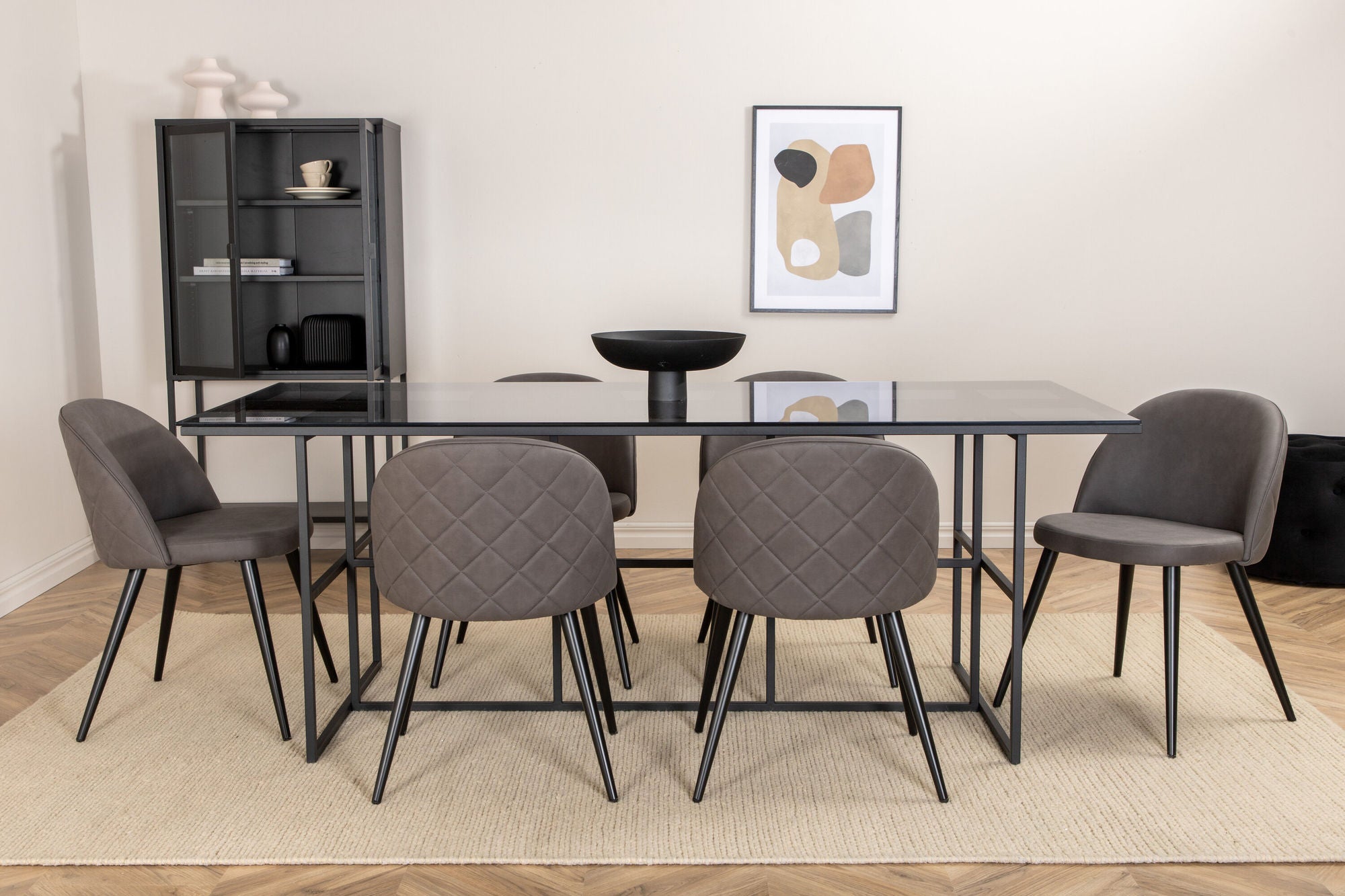 Venture Home Leif spisebord , Black Black smoked smoked Glass+Velvet Stitches stol , Black Grey Micro Fibre_6