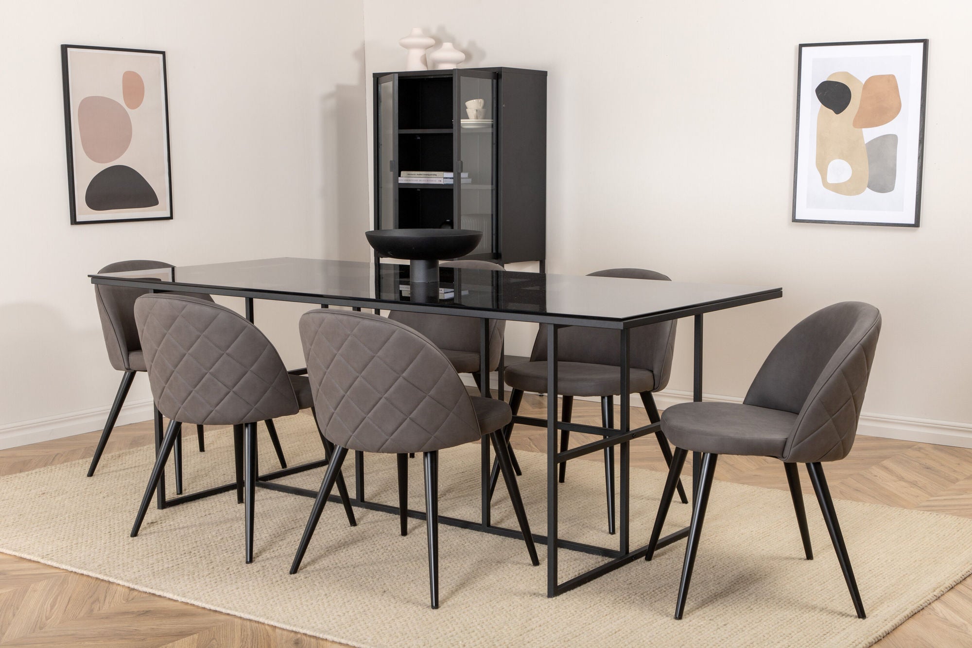 Venture Home Leif spisebord , Black Black smoked smoked Glass+Velvet Stitches stol , Black Grey Micro Fibre_6