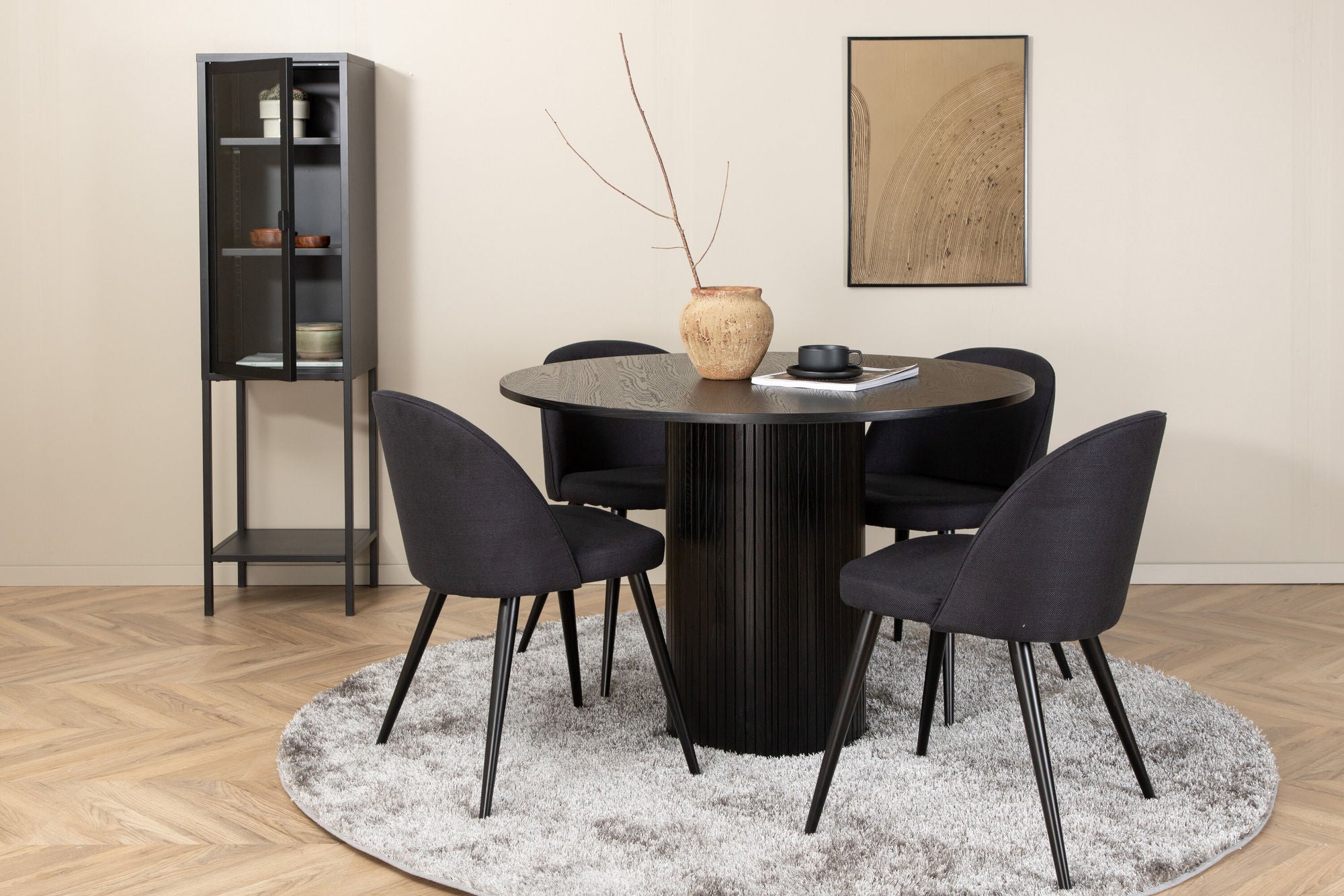 Venture Home Bianca rund spisebord , Black Black Veneer+Velvet Dining Chiar , Black legs, Black Fabric_4
