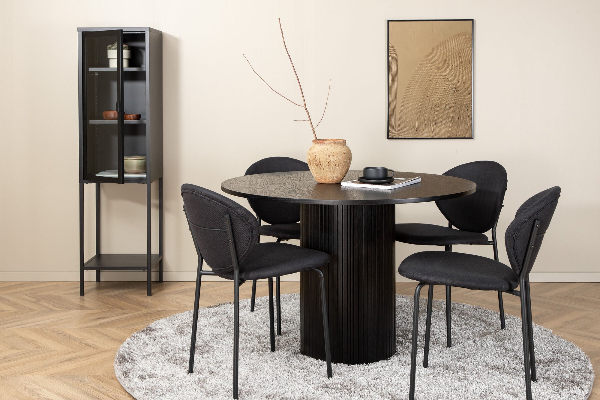 Venture Home Bianca rund spisebord , Black Black Veneer+Vault Spisebordsstol , Black Legs , Black Fabric_4