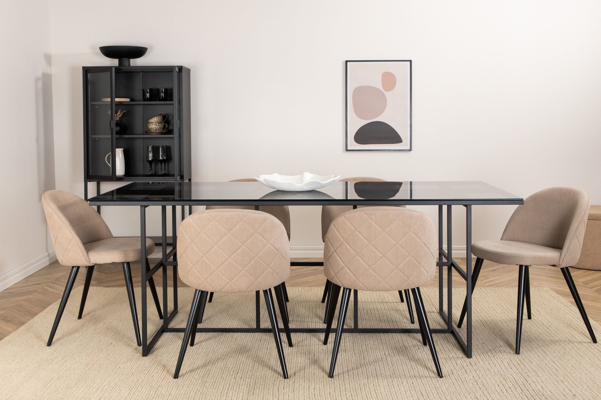 Venture Home Leif spisebord , Black Black smoked smoked Glass+Velvet Stitches stol , Black Beige Fabric (Polyester linen )_6