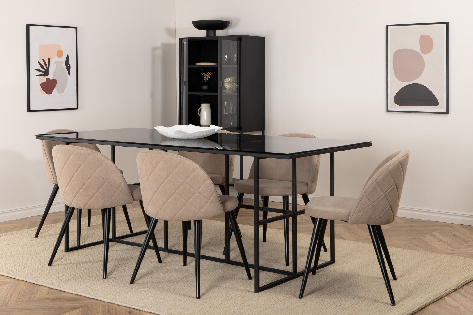 Venture Home Leif spisebord , Black Black smoked smoked Glass+Velvet Stitches stol , Black Beige Fabric (Polyester linen )_6