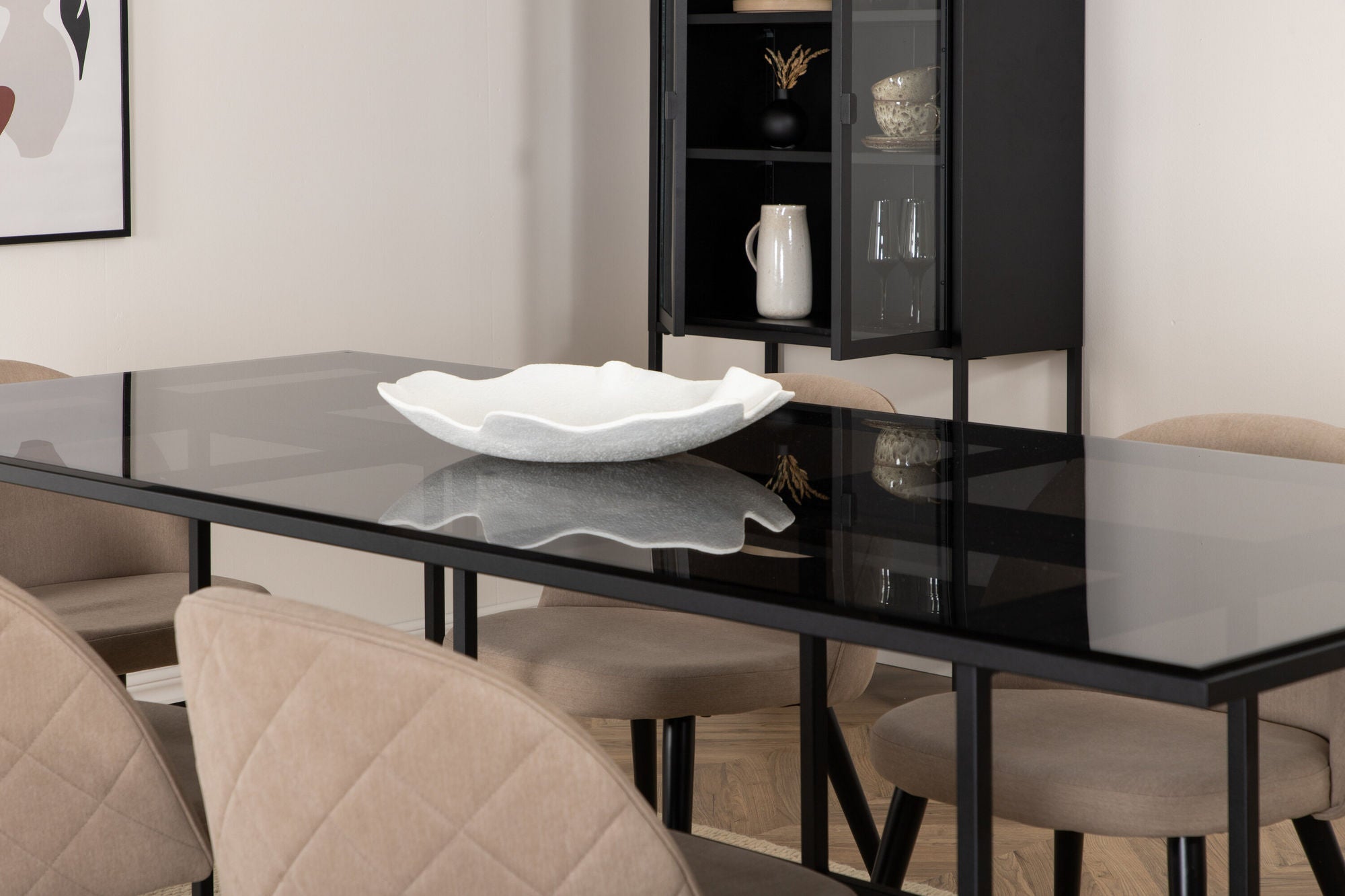 Venture Home Leif spisebord , Black Black smoked smoked Glass+Velvet Stitches stol , Black Beige Fabric (Polyester linen )_6
