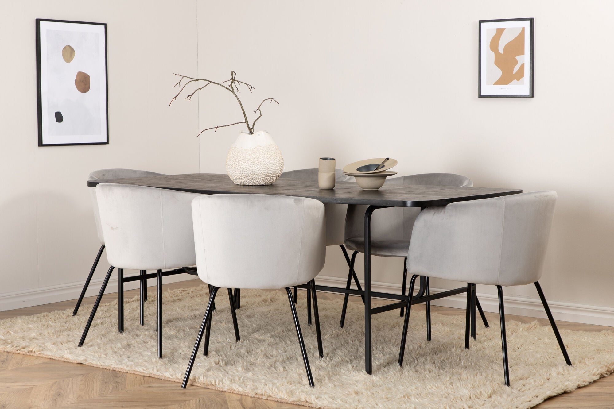 Venture Home Uno spisebord , Black Black Veneer+Berit stol , Black Light Grey Velvet_6