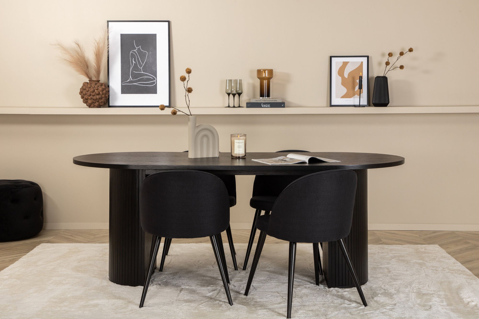 Venture Home Bianca Oval spisebord , Black Black Veneer+Velvet Dining Chiar , Black legs, Black Fabric_4