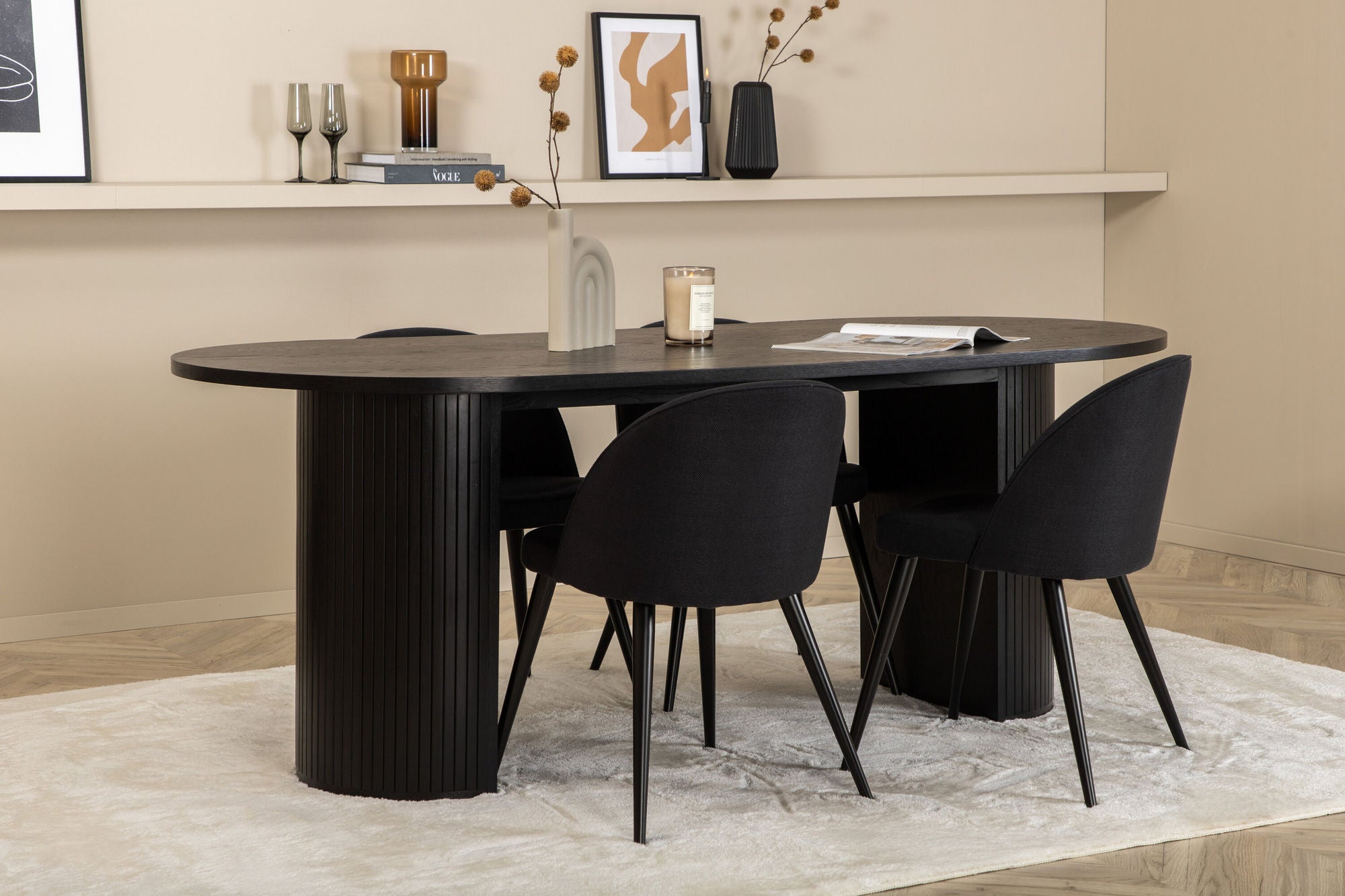 Venture Home Bianca Oval spisebord , Black Black Veneer+Velvet Dining Chiar , Black legs, Black Fabric_4