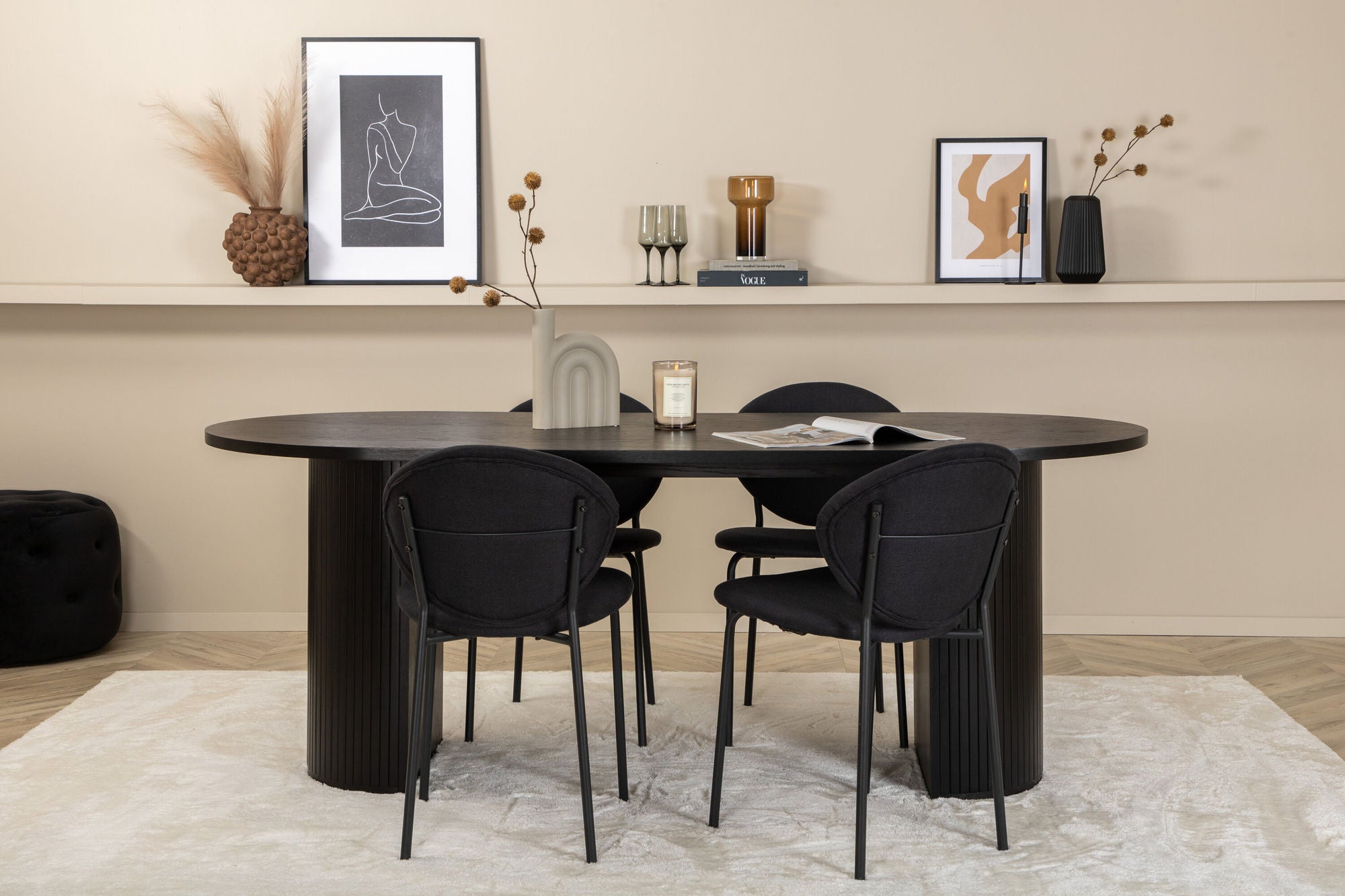 Venture Home Bianca Oval spisebord , Black Black Veneer+Vault Spisebordsstol , Black Legs , Black Fabric_4