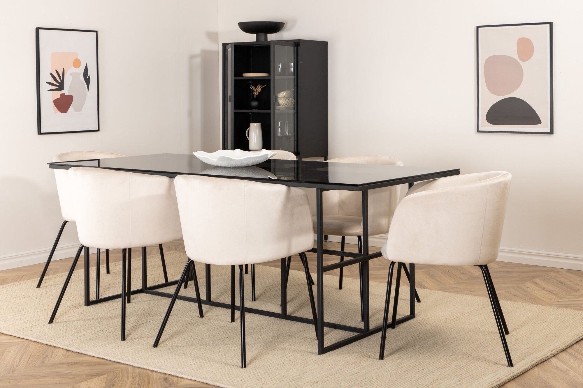 Venture Home Leif spisebord , Black Black smoked smoked Glass+Berit stol , Black Beige Velvet_6