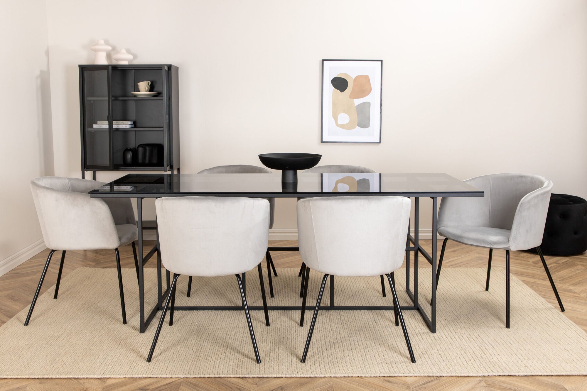 Venture Home Leif spisebord , Black Black smoked smoked Glass+Berit stol , Black Light Grey Velvet_6