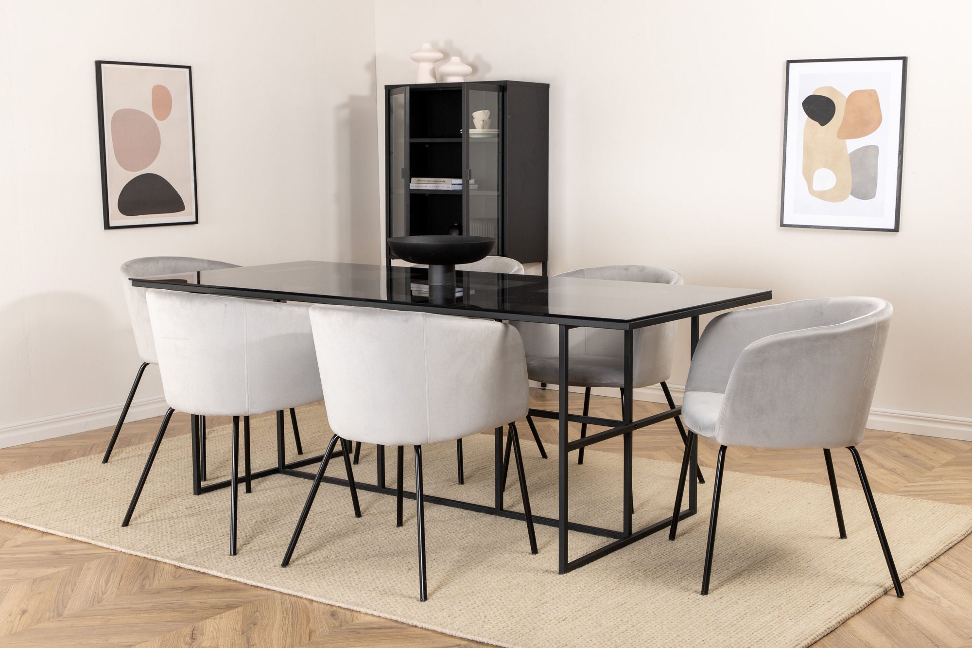 Venture Home Leif spisebord , Black Black smoked smoked Glass+Berit stol , Black Light Grey Velvet_6