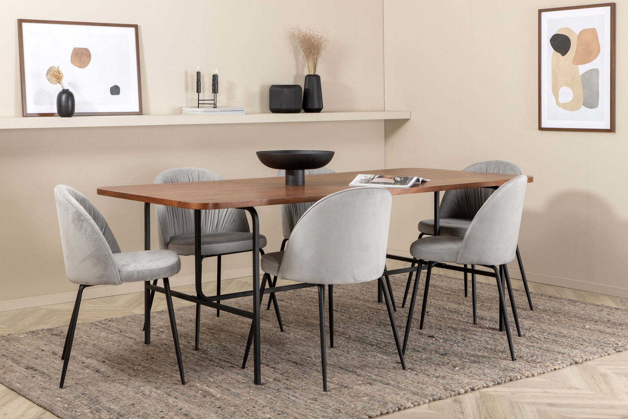 Venture Home Uno spisebord , Black Walnut Veneer+Wrinkles Spisebordsstol , Black Legs , Grey Velvet_6